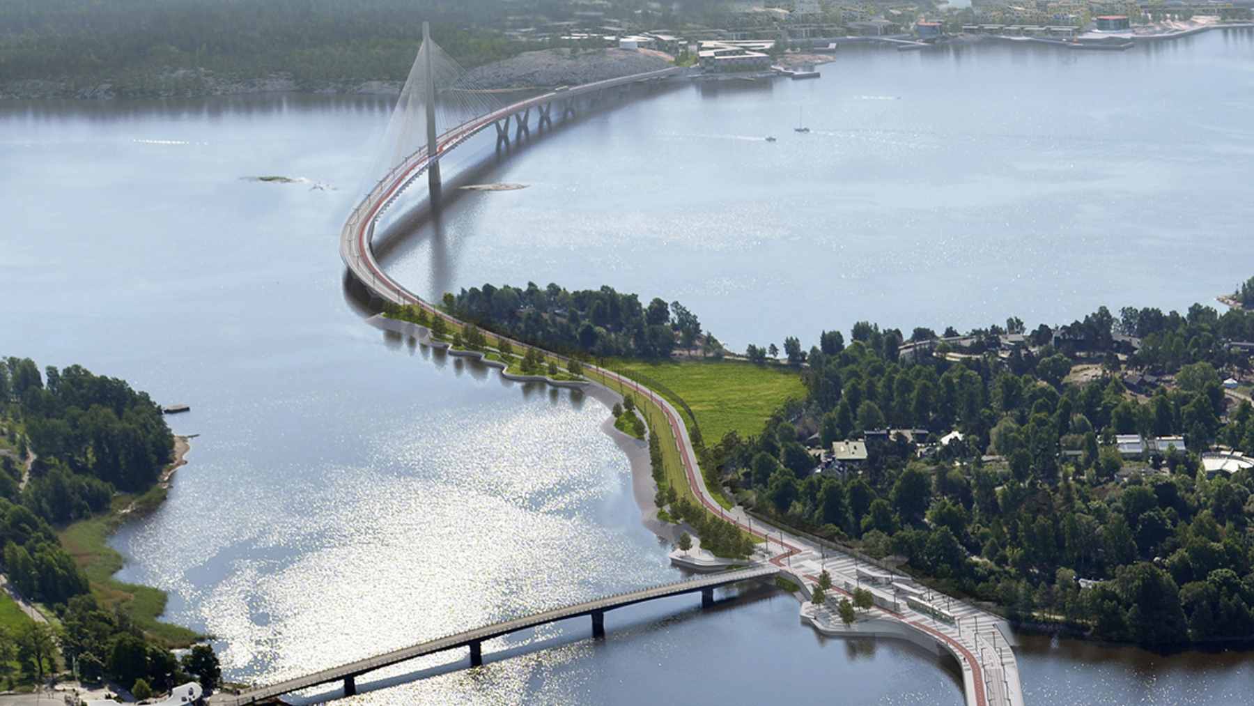 An architectural view of the Kruunuvuorensilta bridge in Helsinki, featuring its 135-meter diamond pylon and dedicated lanes for light rail and cycling.
