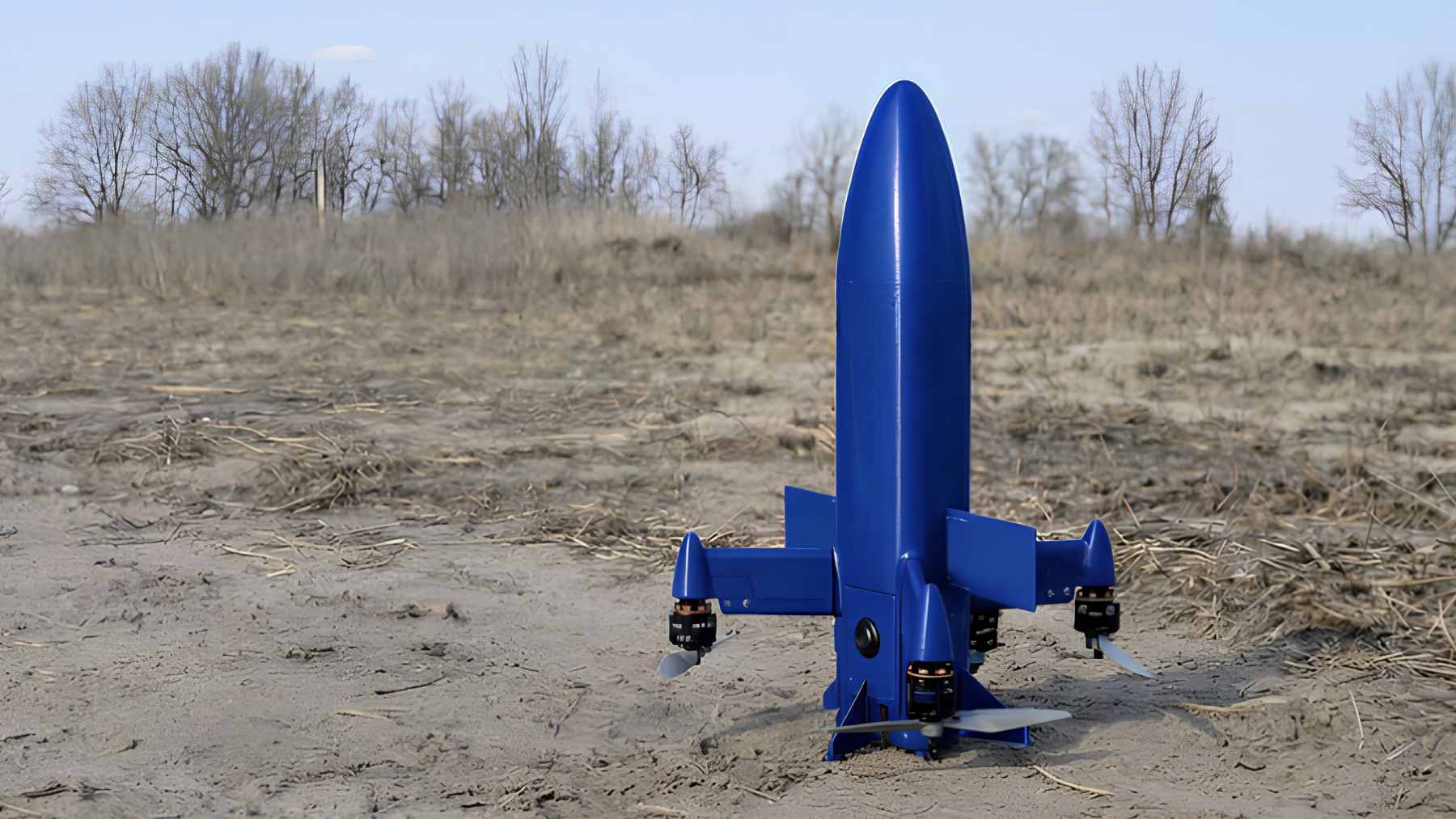 A close-up view of the Japan-developed Terra A1 electric interceptor drone in flight.