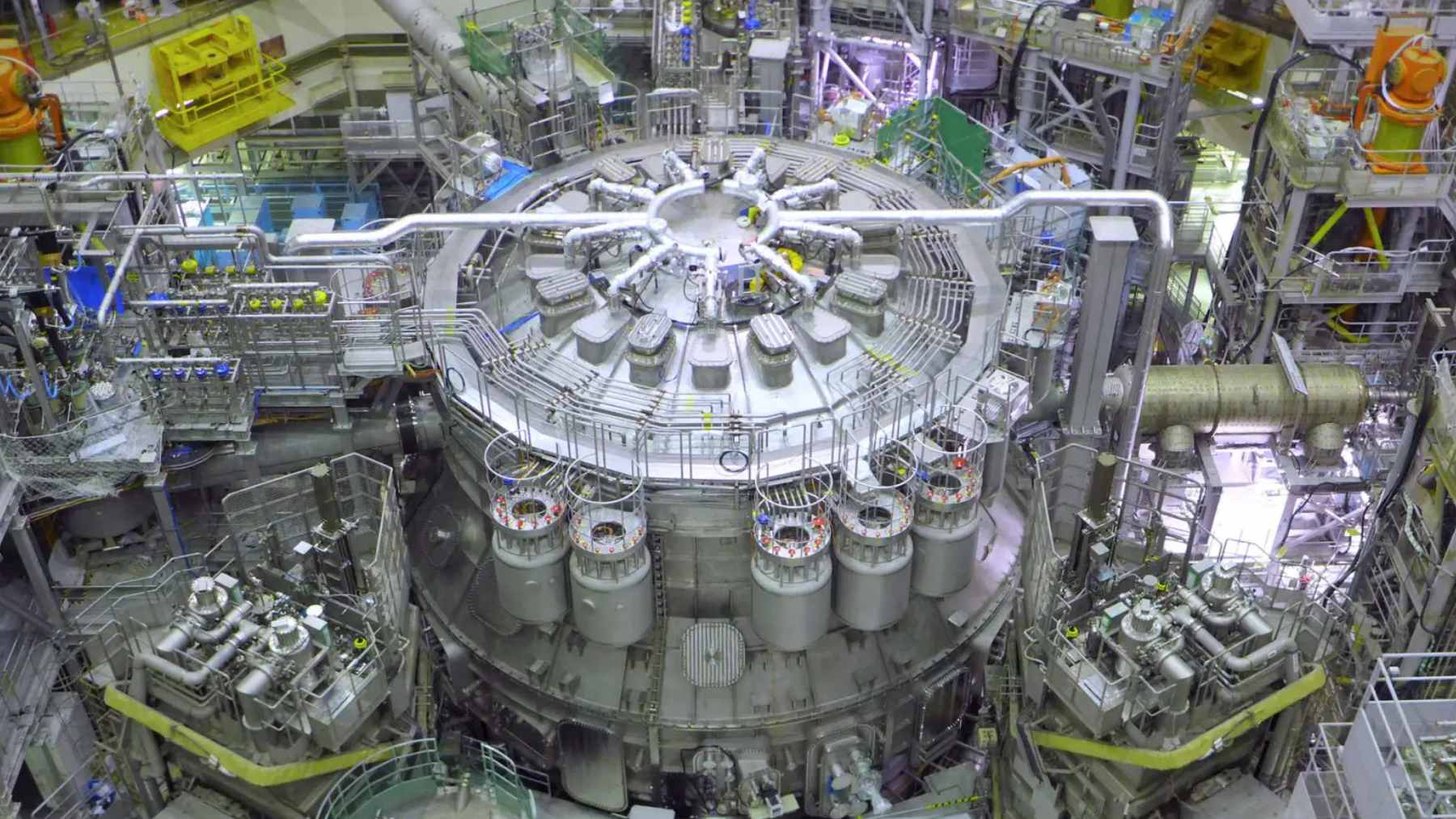 View from above the JT-60SA tokamak during integrated commissioning, showing the newly installed 8-meter in-vessel coils.