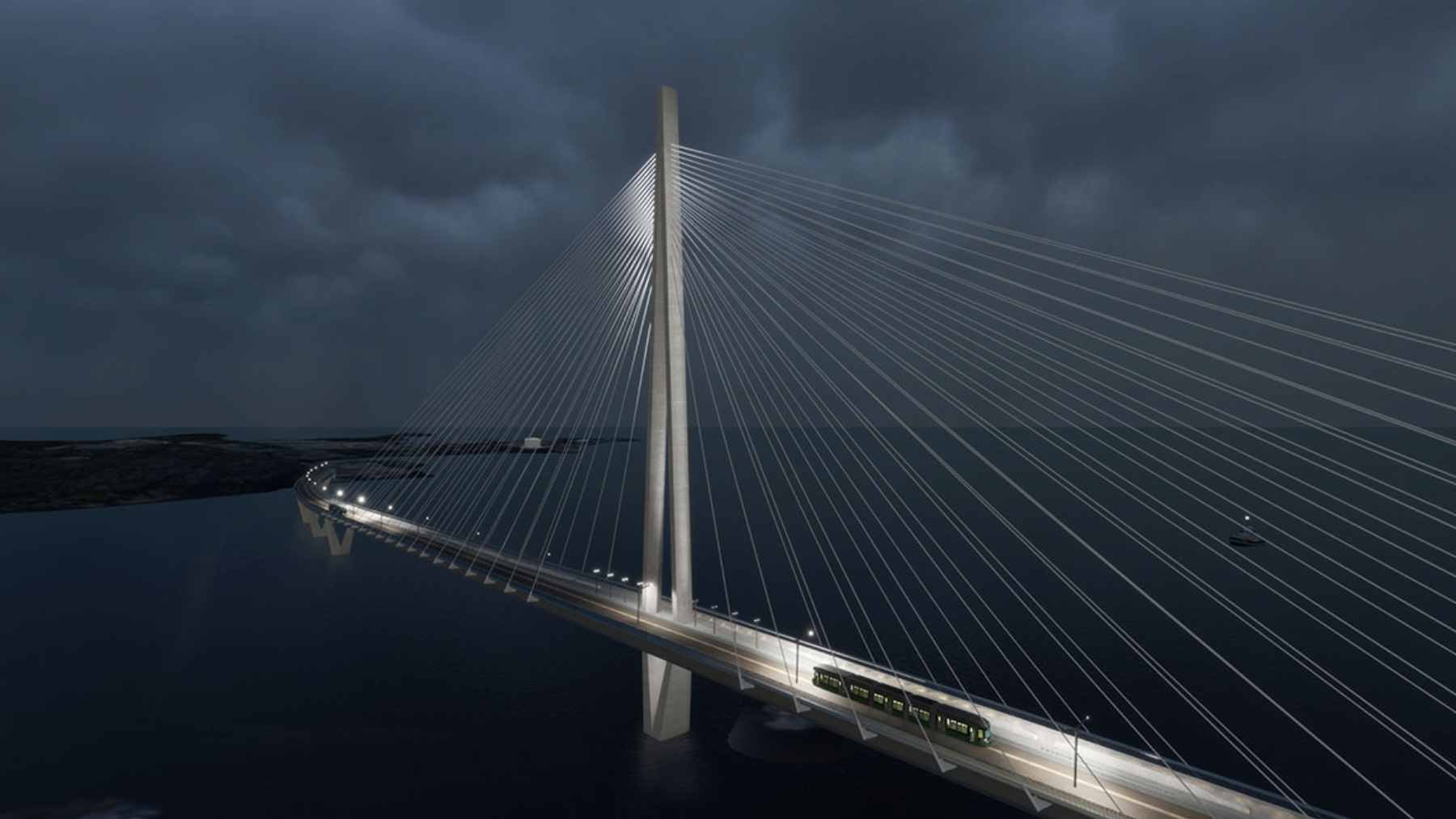 An aerial view of the 1,191-meter Kruunuvuori Bridge in Helsinki, featuring its 135-meter central diamond pylon and dedicated lanes for trams, cyclists, and pedestrians.