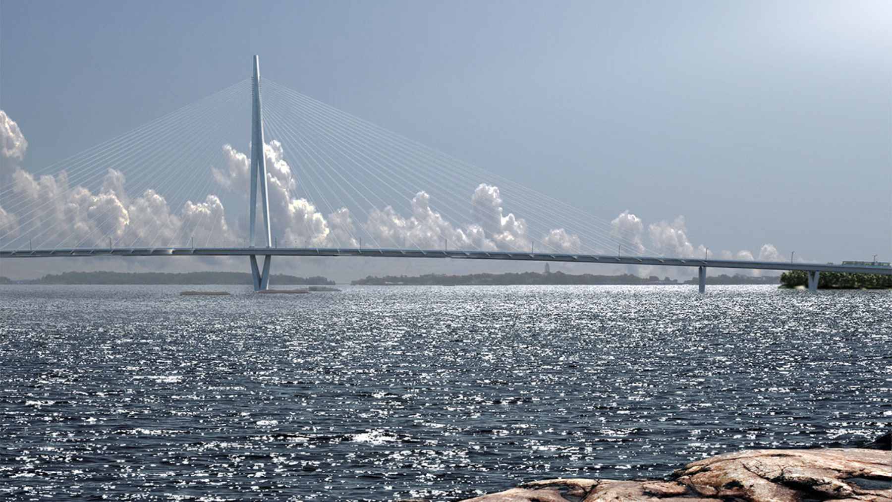 An aerial view of the 1,191-meter Kruunuvuori Bridge in Helsinki, featuring its 135-meter central diamond pylon and dedicated lanes for trams, cyclists, and pedestrians.