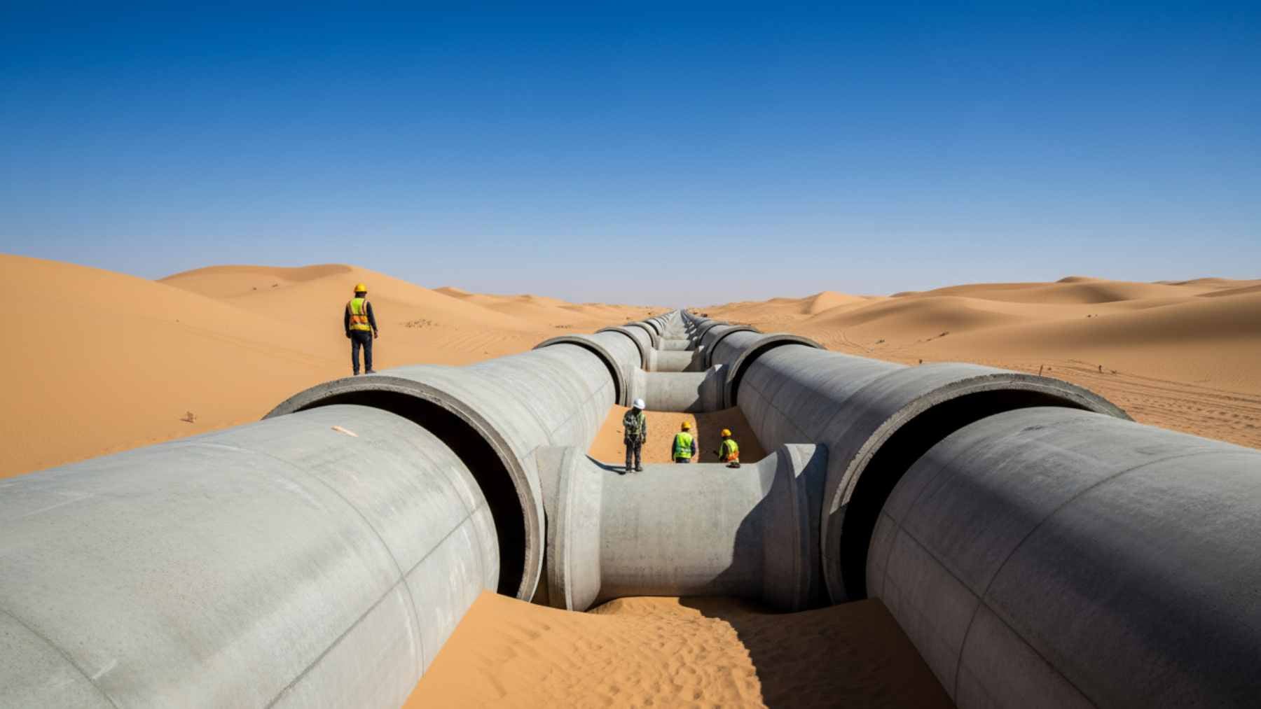 A view of the massive concrete pipes of the Great Man-Made River being installed across the Libyan Sahara.