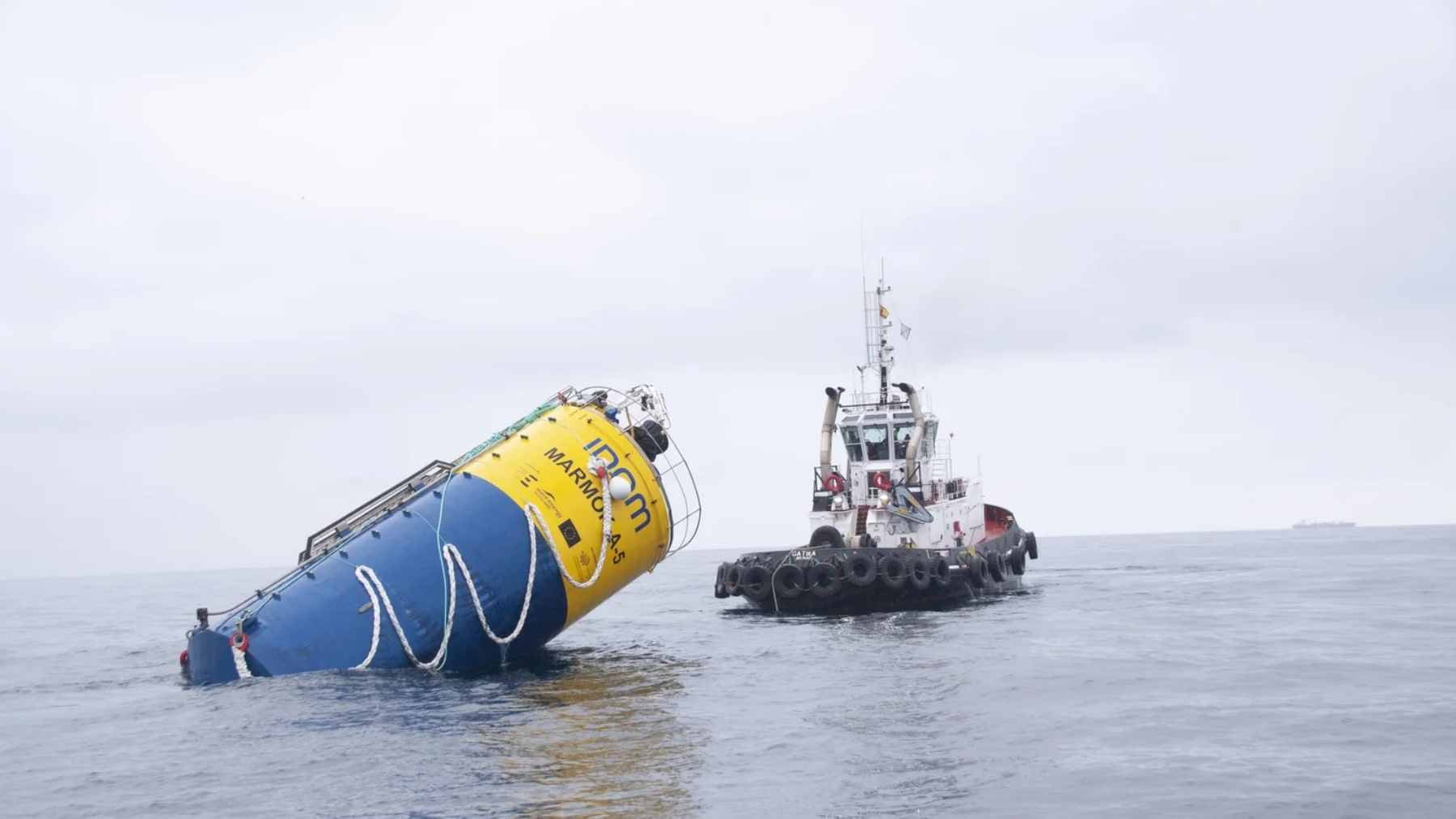 The 42-meter MARMOK-A-5 wave energy converter floating in the Atlantic Ocean off the coast of Bizkaia, Spain.