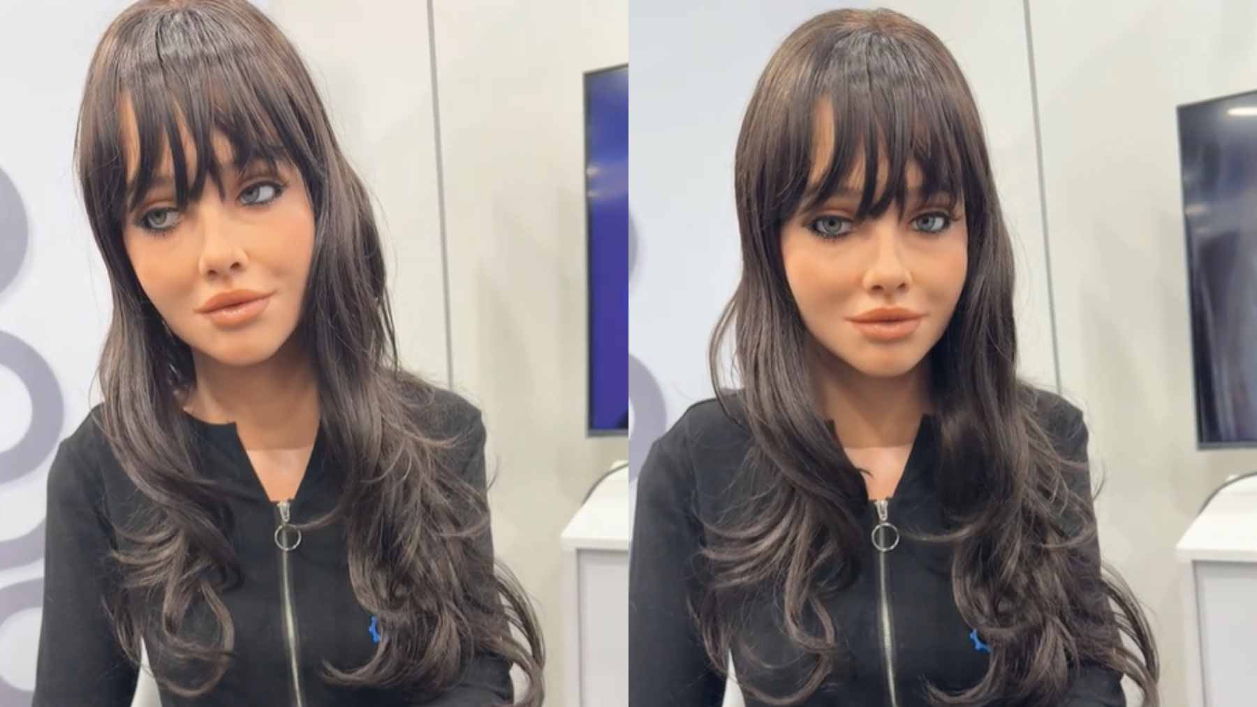 A lifelike M-Series humanoid robot named Melody with 39 moving parts greeting attendees at a Las Vegas convention.