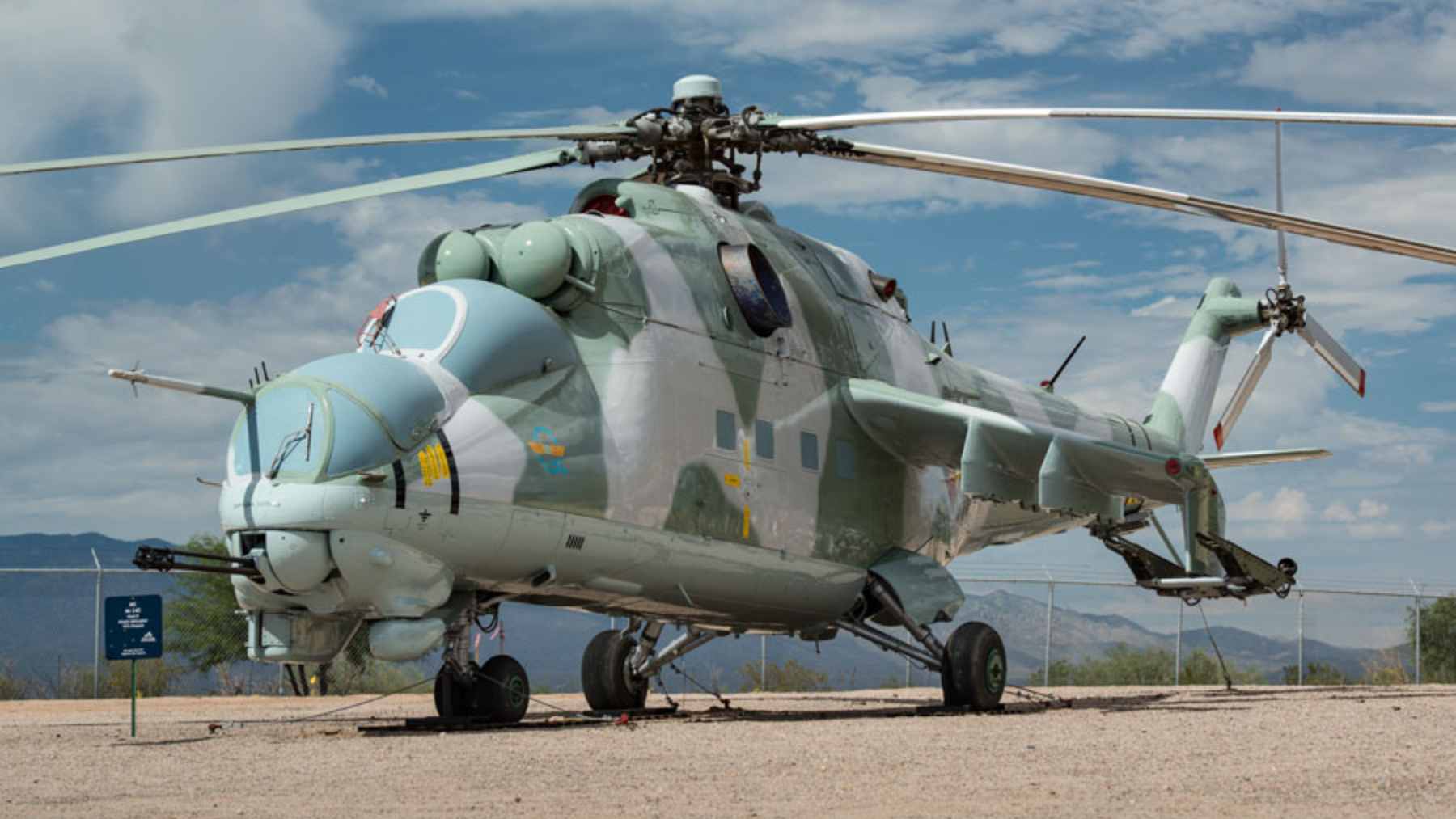 A Soviet Mi-24 Hind helicopter painted with United States Coast Guard rescue markings for a scene in a 1991 action film.