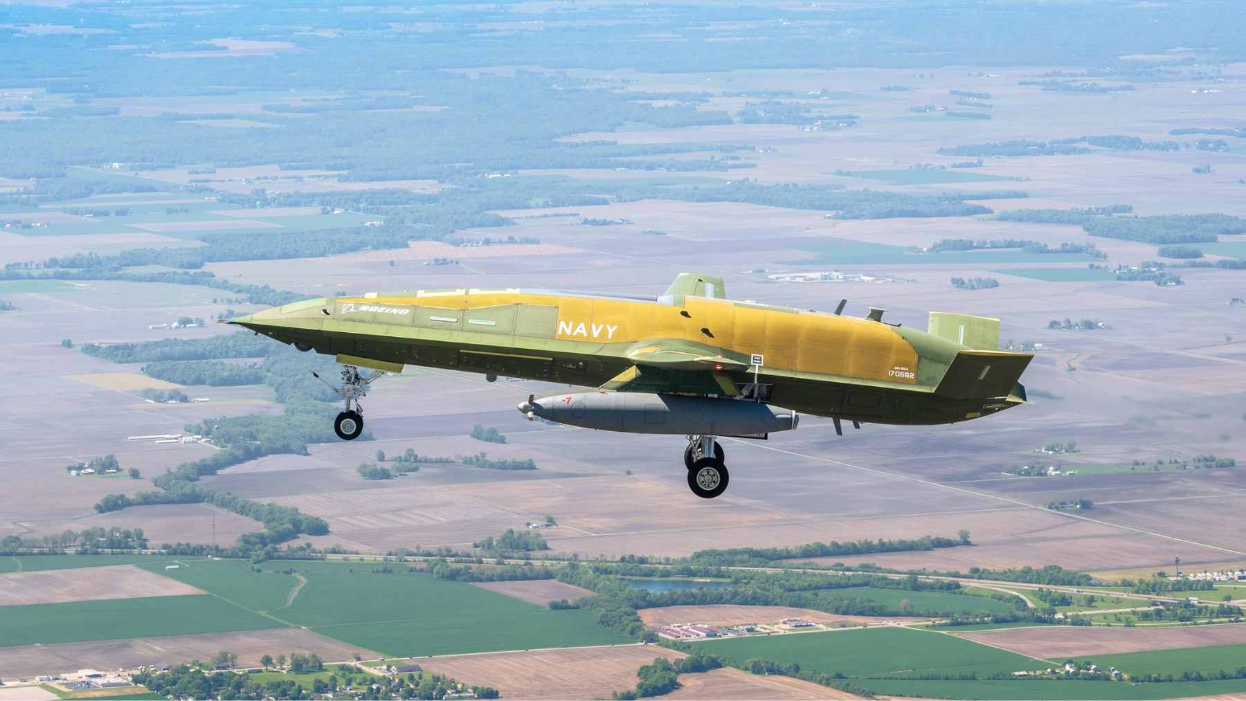 The MQ-25A Stingray unmanned aerial refueling tanker during its first successful operational test flight at MidAmerica Airport.