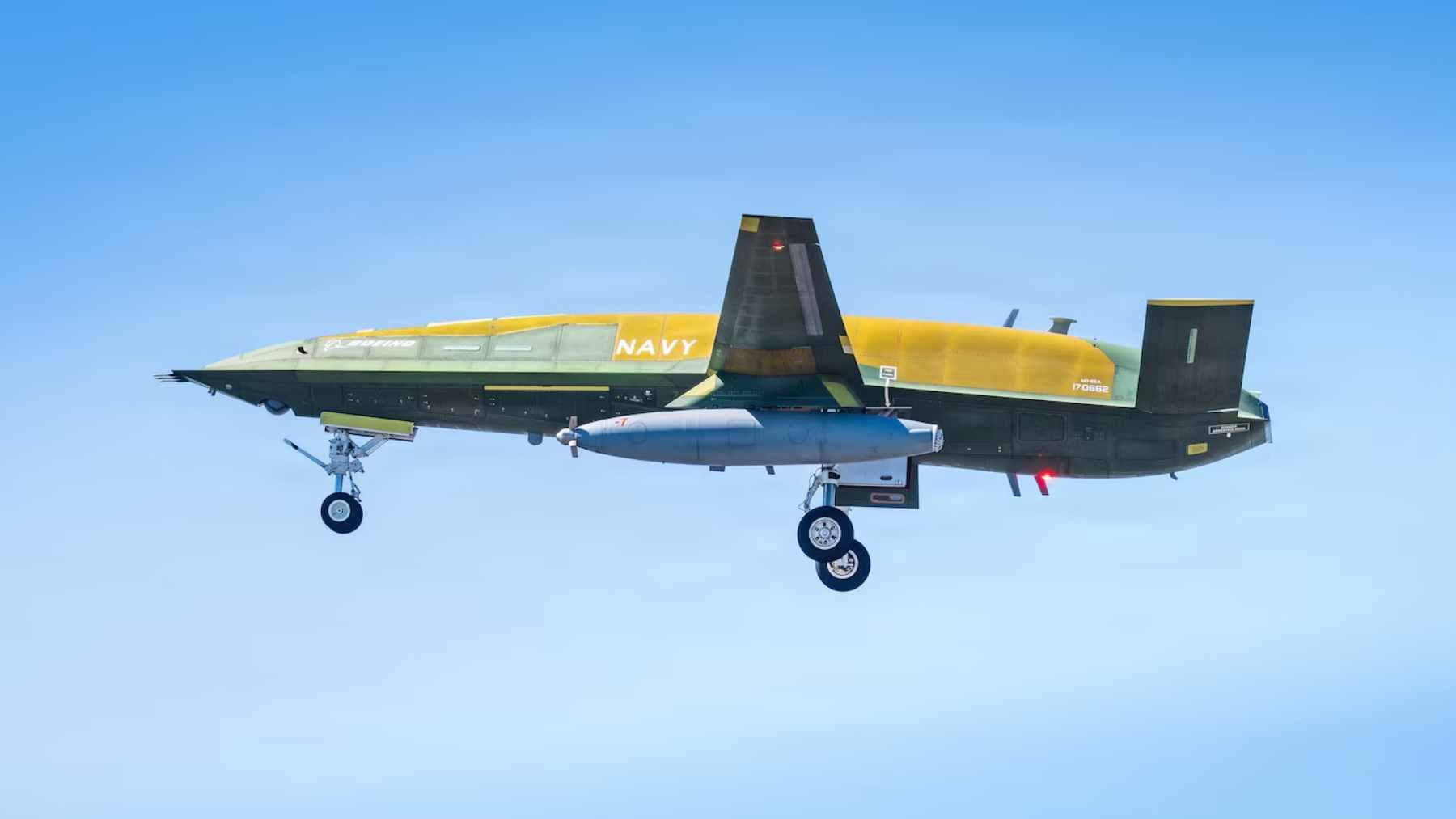 The MQ-25A Stingray unmanned aerial refueling tanker during its first successful operational test flight at MidAmerica Airport.
