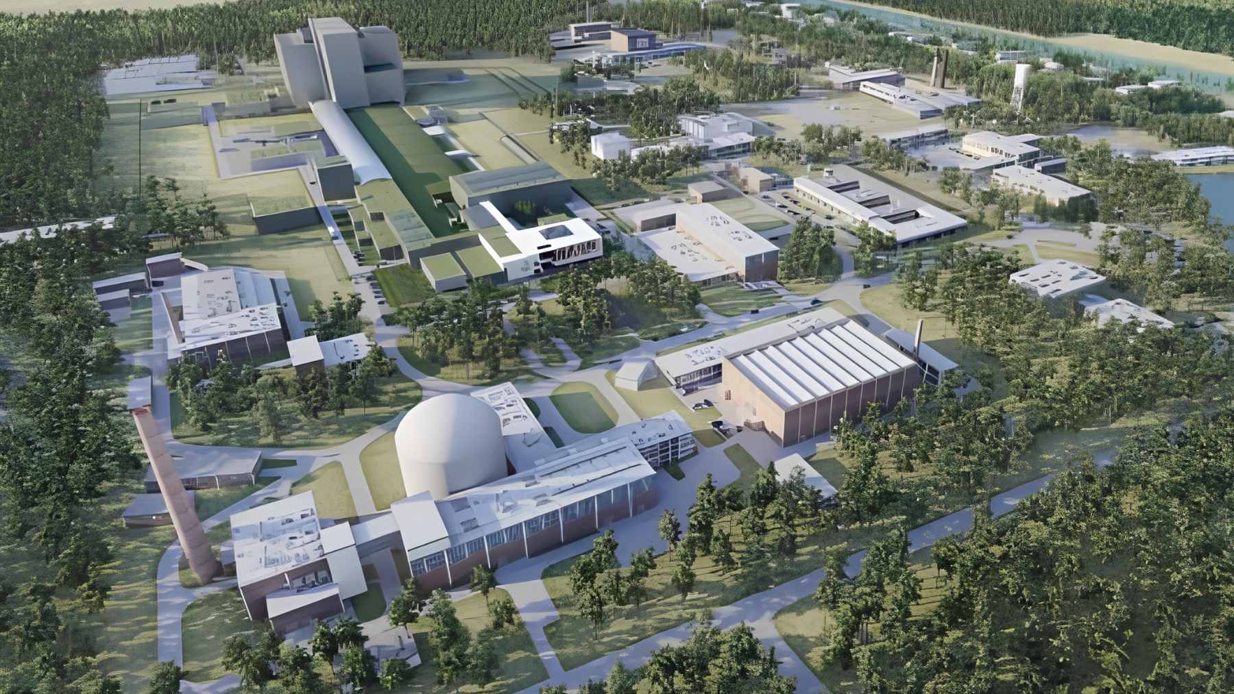 A visual representation of the MYRRHA accelerator-driven research reactor facility currently under construction in Mol, Belgium.