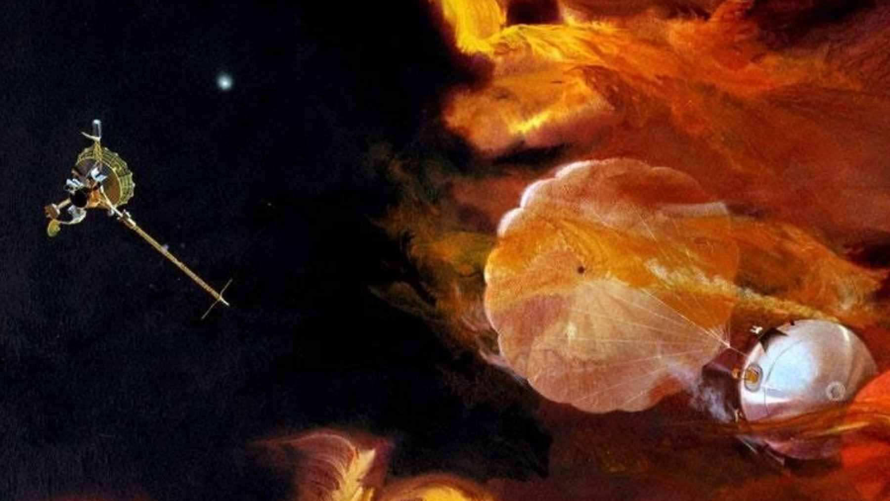 Illustration of the NASA Galileo spacecraft plunging through the turbulent, fiery atmosphere of Jupiter.