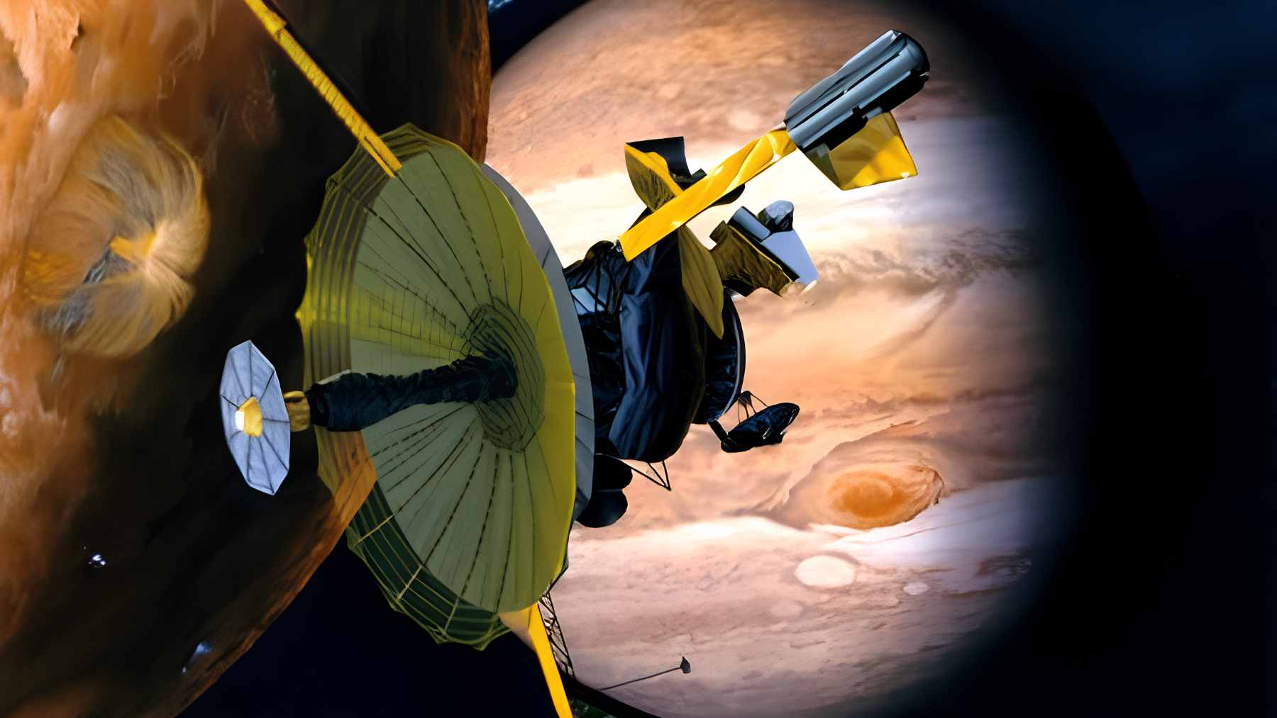 Illustration of the NASA Galileo spacecraft plunging through the turbulent, fiery atmosphere of Jupiter.