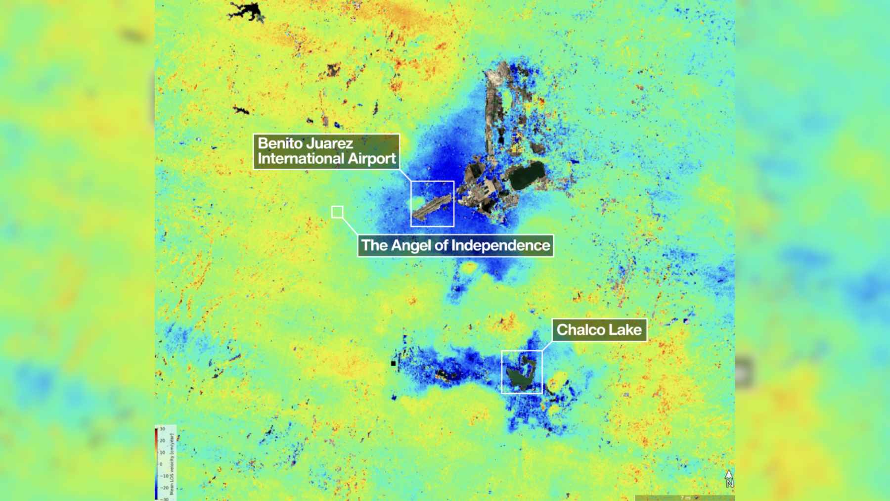 A satellite radar interferogram map from NASA's NISAR mission showing dark blue zones indicating land subsidence across Mexico City.