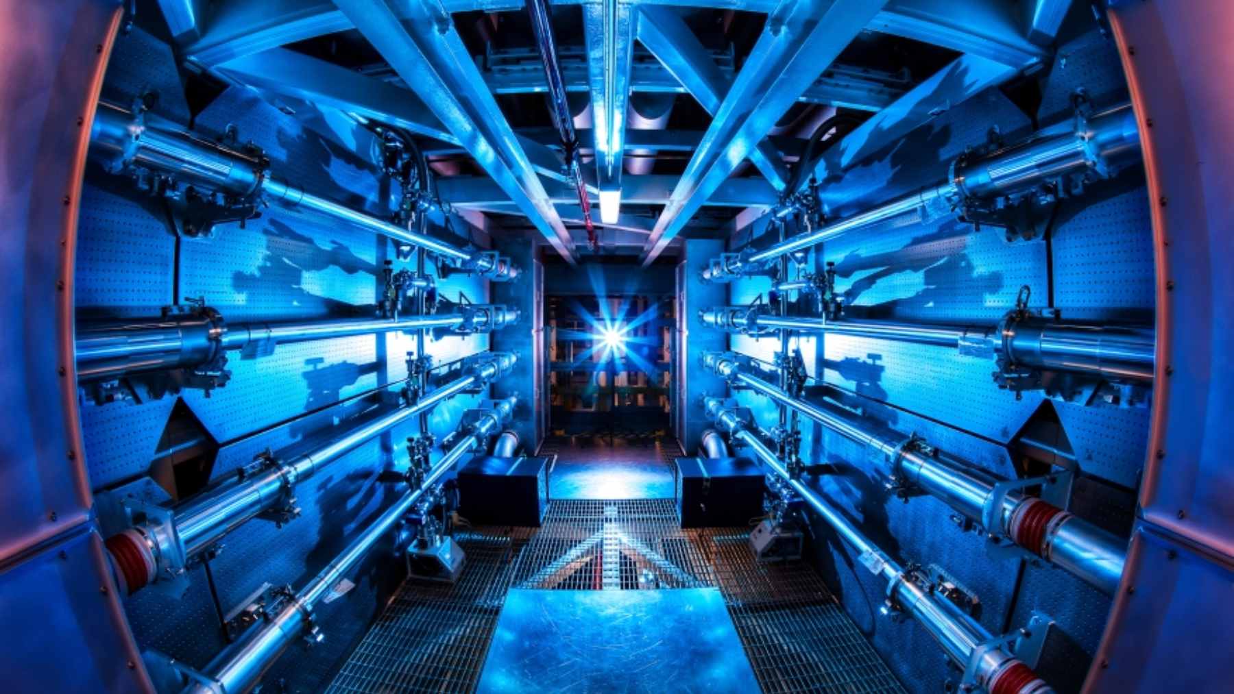 The 192-beam laser target chamber at the National Ignition Facility, where high-energy shots are fired at a hydrogen fuel pellet.