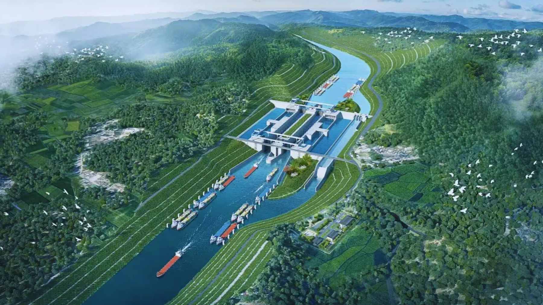 Construction workers finishing the Zicai Bridge, one of 27 bridges spanning the new Pinglu Canal waterway in Guangxi, China.