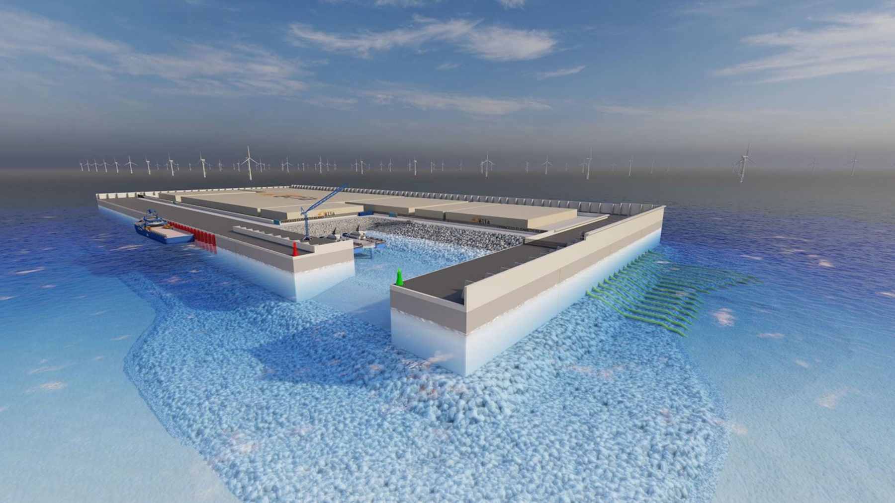 Massive concrete caissons being transported and installed offshore in the Belgian North Sea to form the perimeter of Princess Elisabeth Island.