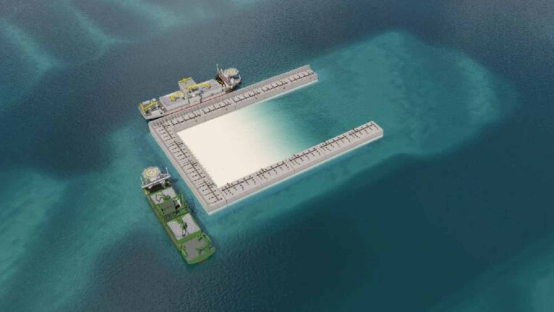 Massive concrete caissons being transported and installed offshore in the Belgian North Sea to form the perimeter of Princess Elisabeth Island.