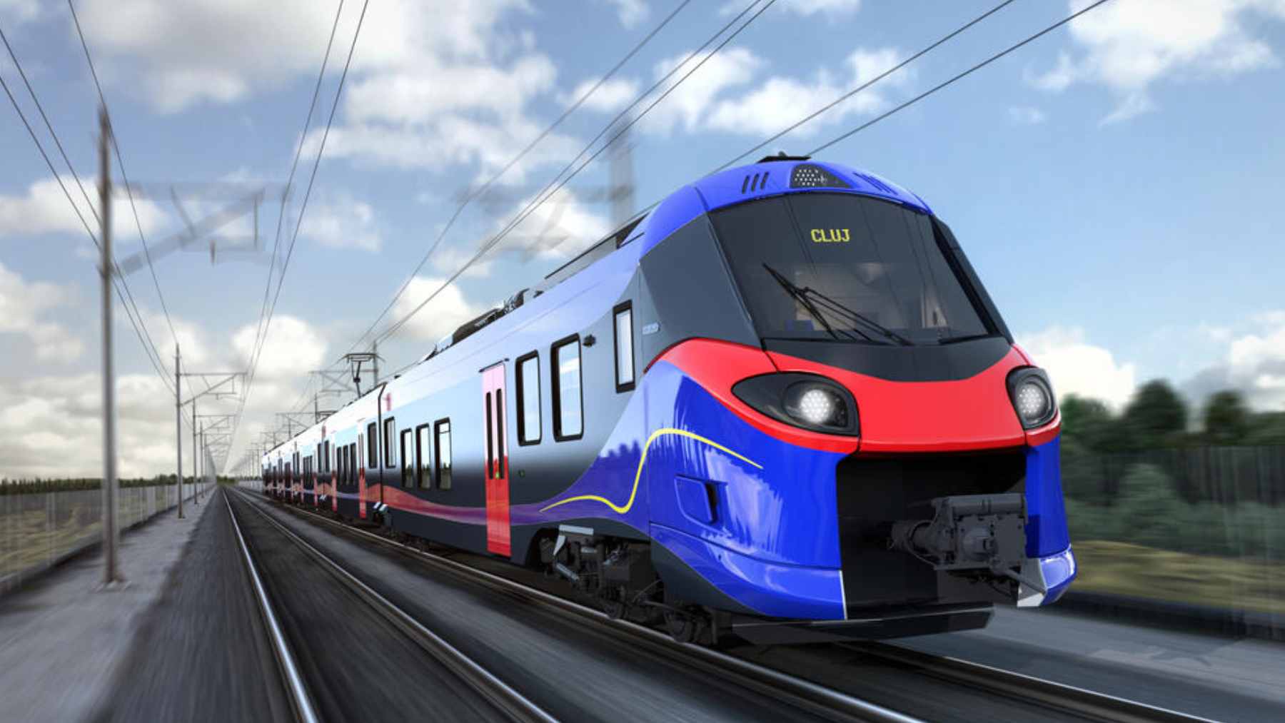 A new Alstom Coradia electric multiple unit train operating at low speed near Radna rail station in Romania.