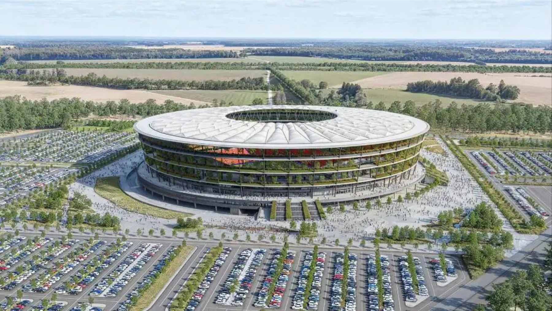 Steel framework installation at the Serbia National Football Stadium, showcasing the future structure of the suspended garden facade.