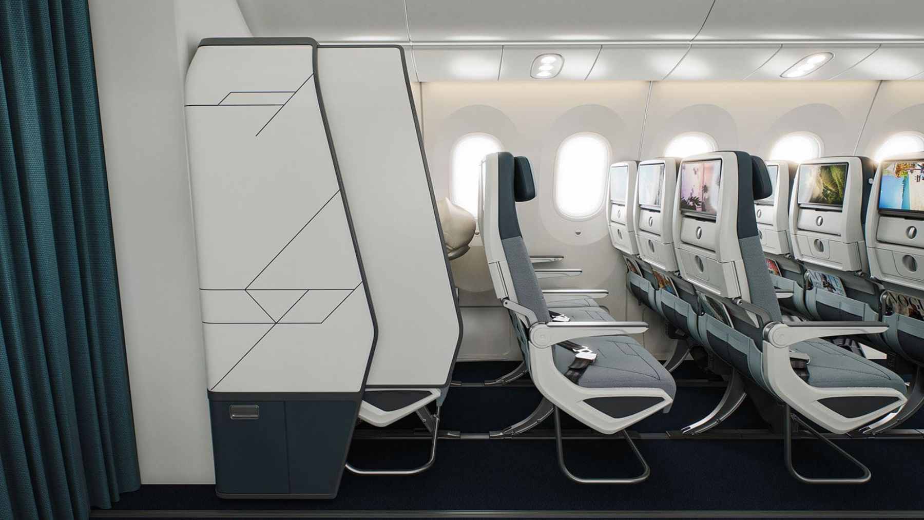 The SkyNook semi-private economy airplane pod, featuring a sliding privacy divider and convertible side console in the back row.