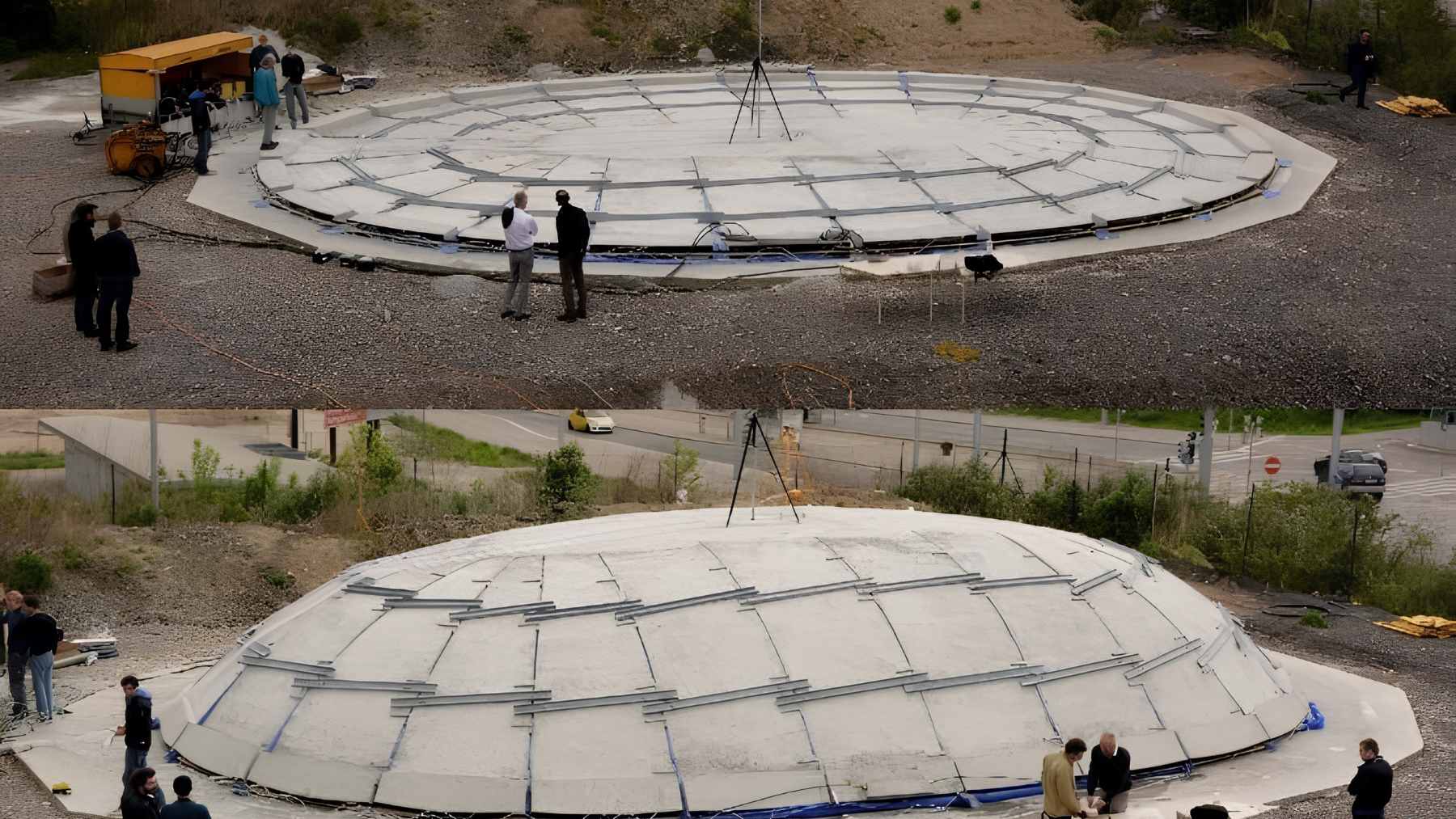 A large, flat-cast concrete structure being pneumatically lifted into a curved dome shape during a TU Wien field test.