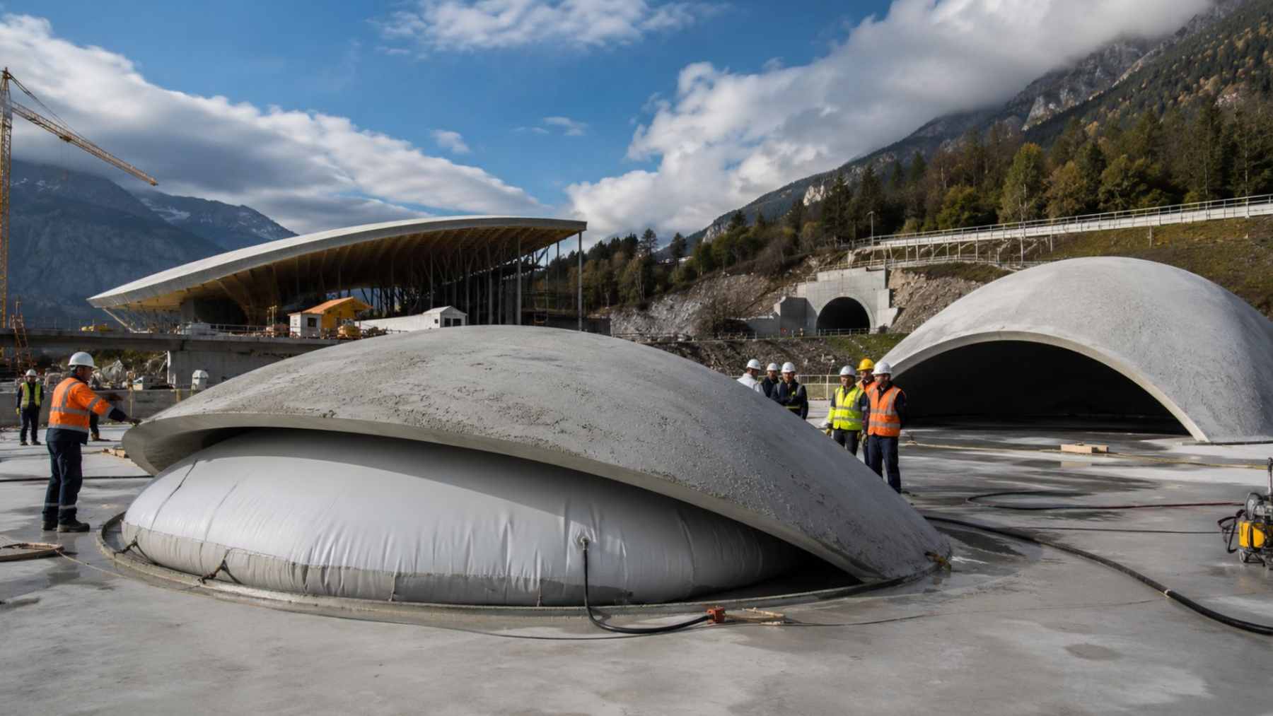A large, flat-cast concrete structure being pneumatically lifted into a curved dome shape during a TU Wien field test.
