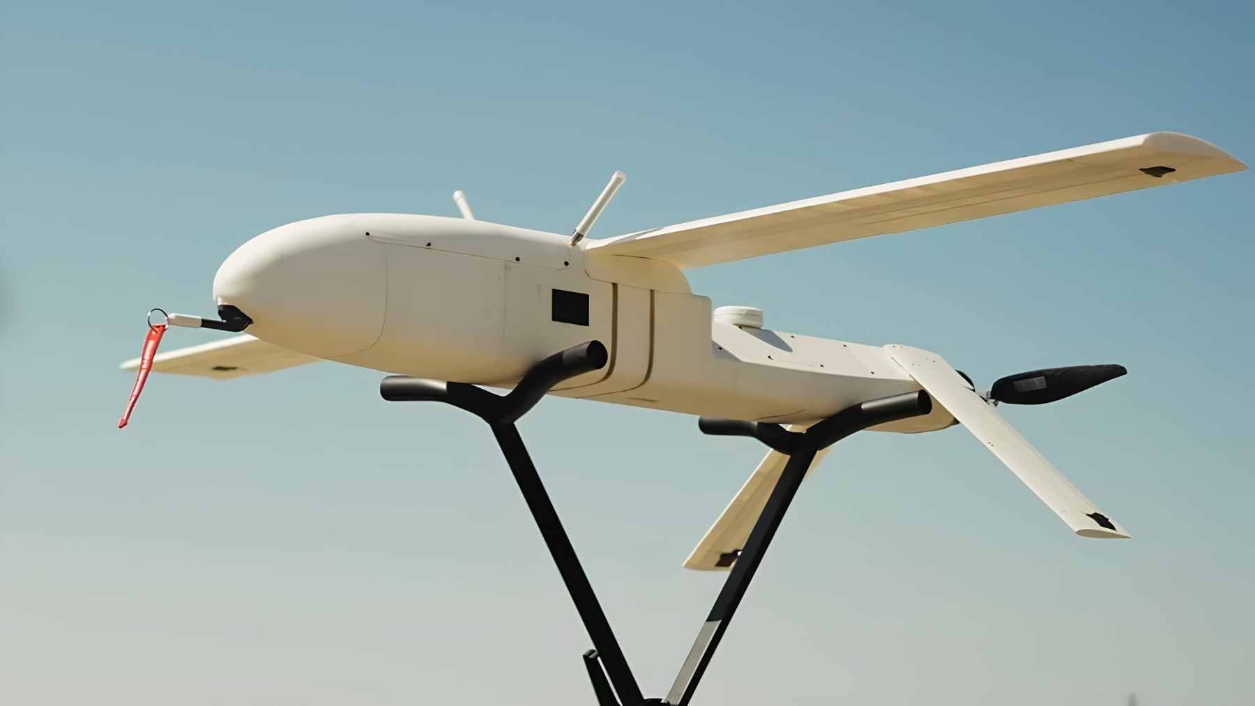 The ALPAGU-B fixed-wing kamikaze drone developed by STM demonstrating its flight capabilities.