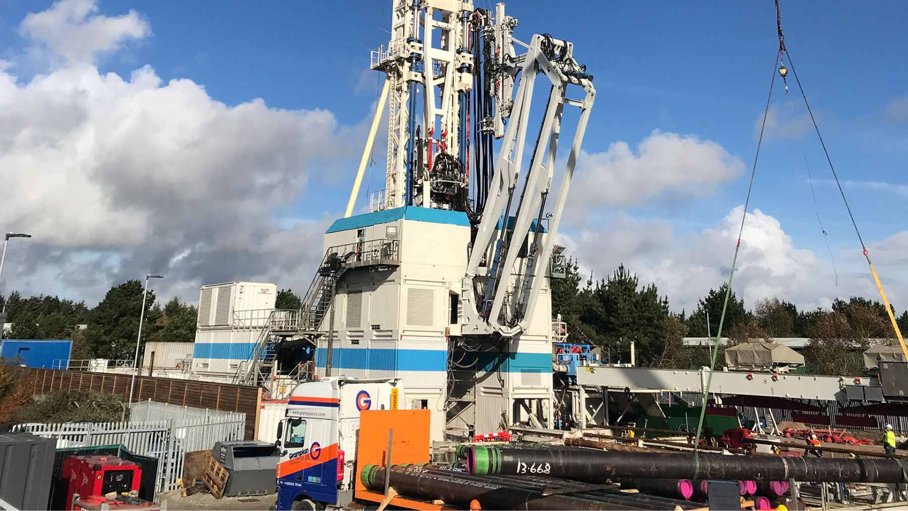 The deep geothermal drilling rig and binary cycle power plant facility at United Downs in Cornwall, UK.