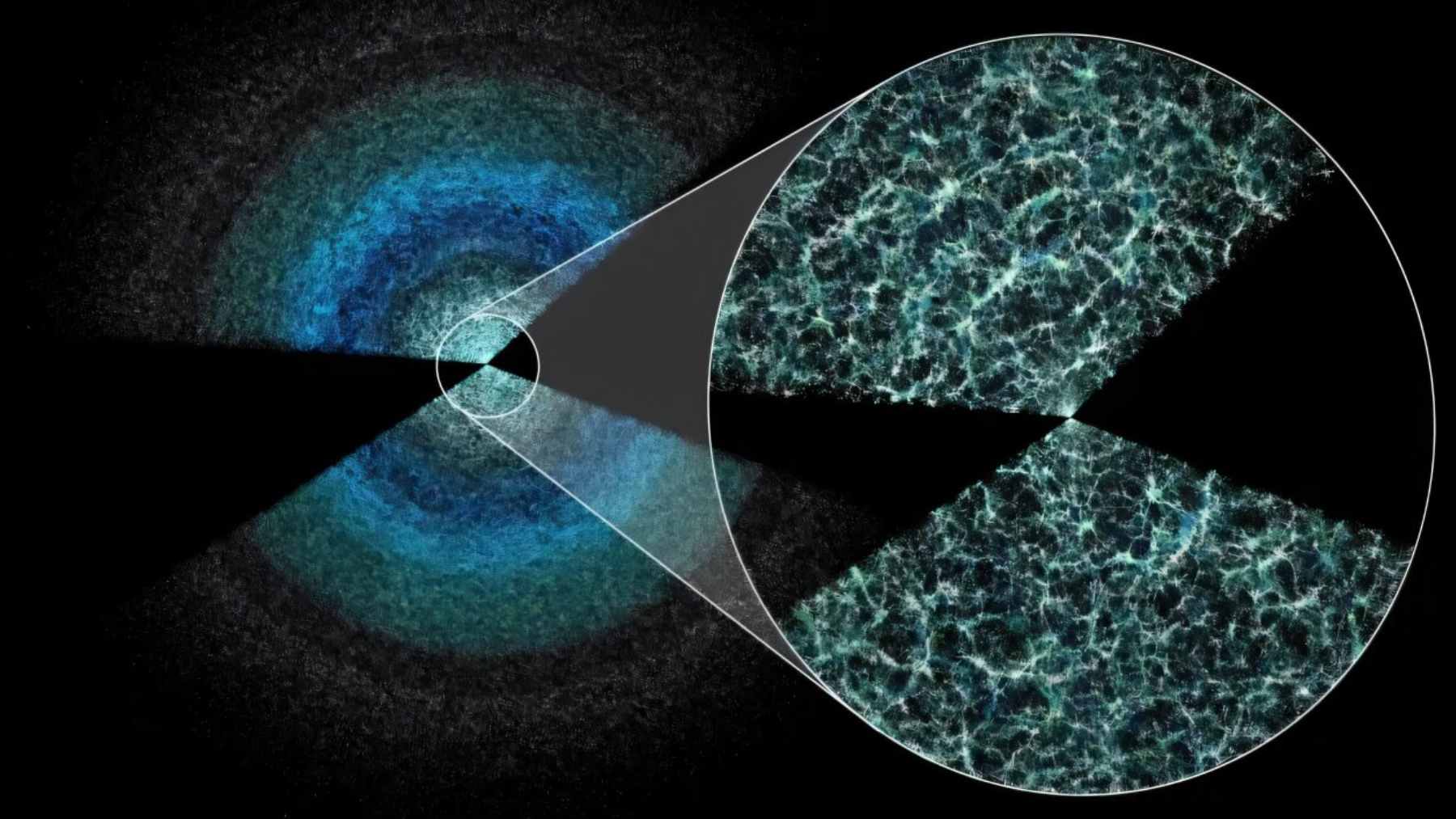 A conceptual illustration of the universe reversing its expansion and collapsing inward toward a central point of infinite density.
