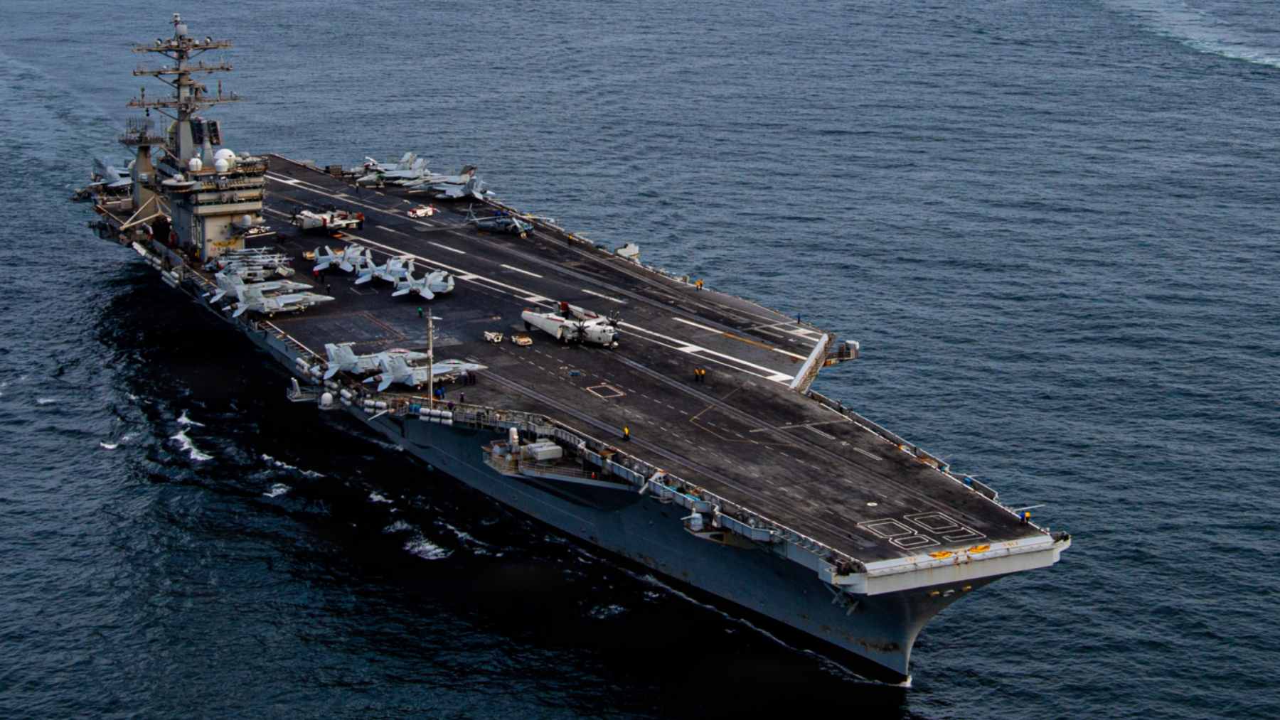 The nuclear-powered aircraft carrier USS Nimitz (CVN 68) anchored in the Pacific entrance of the Panama Canal during the Southern Seas 2026 deployment.