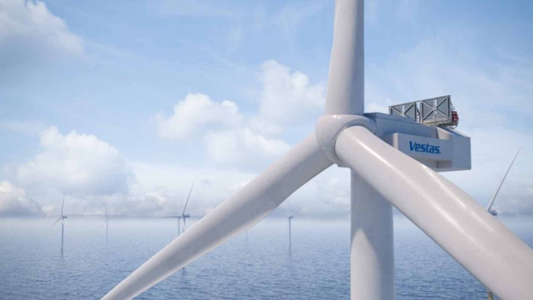 A Vestas V236-15.0 MW offshore wind turbine featuring one distinct red-coated blade for bird visibility testing at Hollandse Kust West VI.