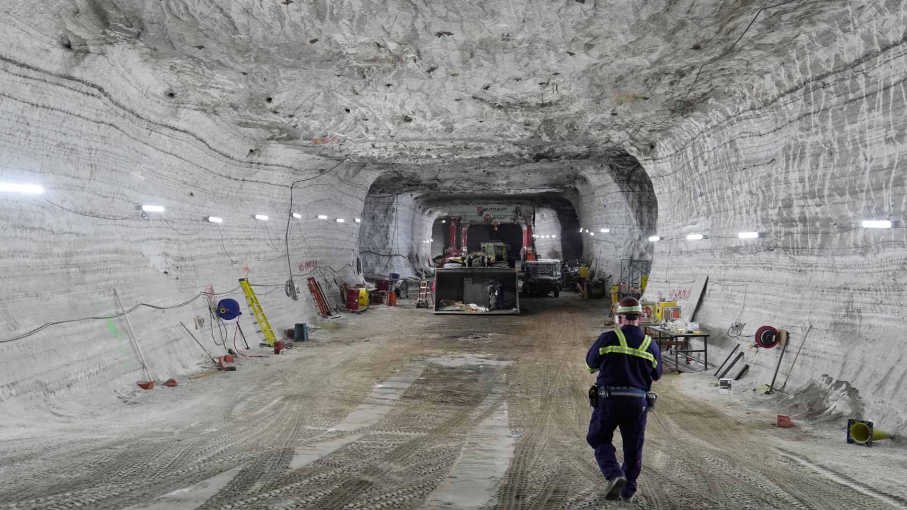 Massive rock salt cavern beneath Lake Erie at the Whiskey Island mine, featuring layers of extracted salt and support pillars.