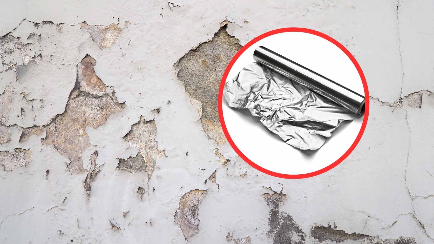 A hand taping a square of aluminum foil over a damp, discolored patch on a home wall to perform a moisture diagnostic test.