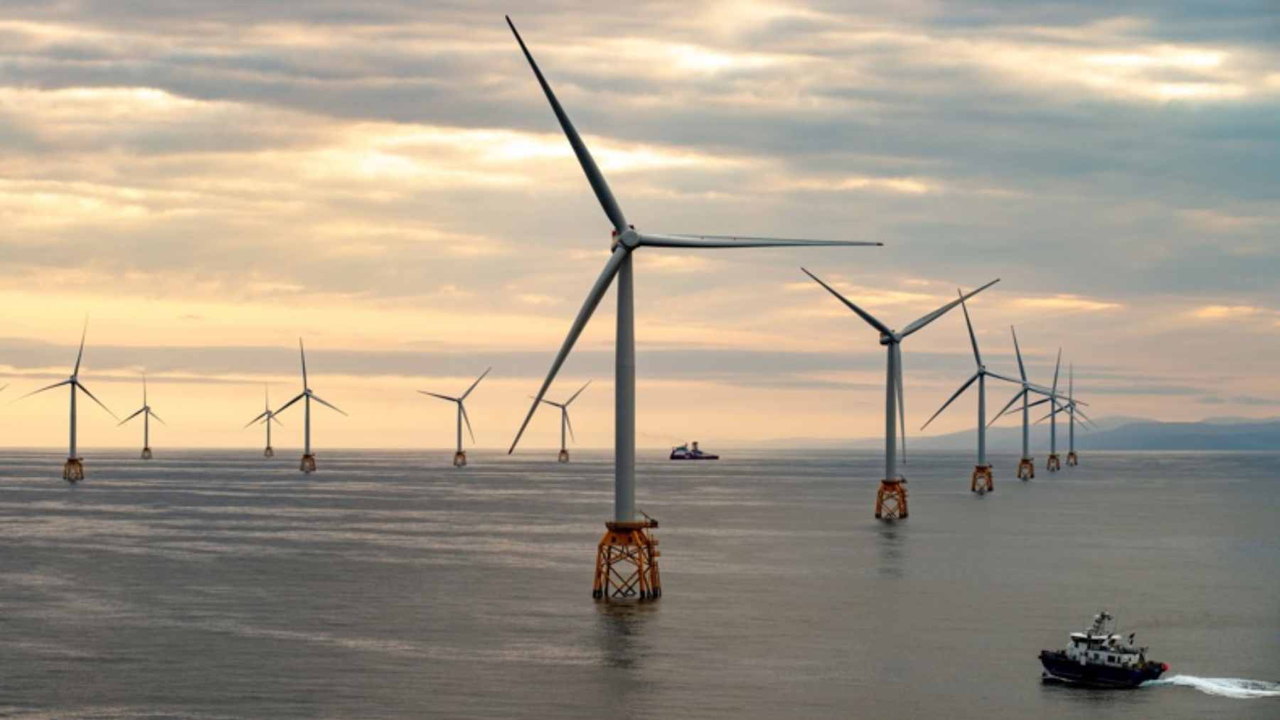 A digital rendering of the Arklow Bank Wind Park 2 layout off the coast of Ireland, showing the proposed offshore turbine distribution.
