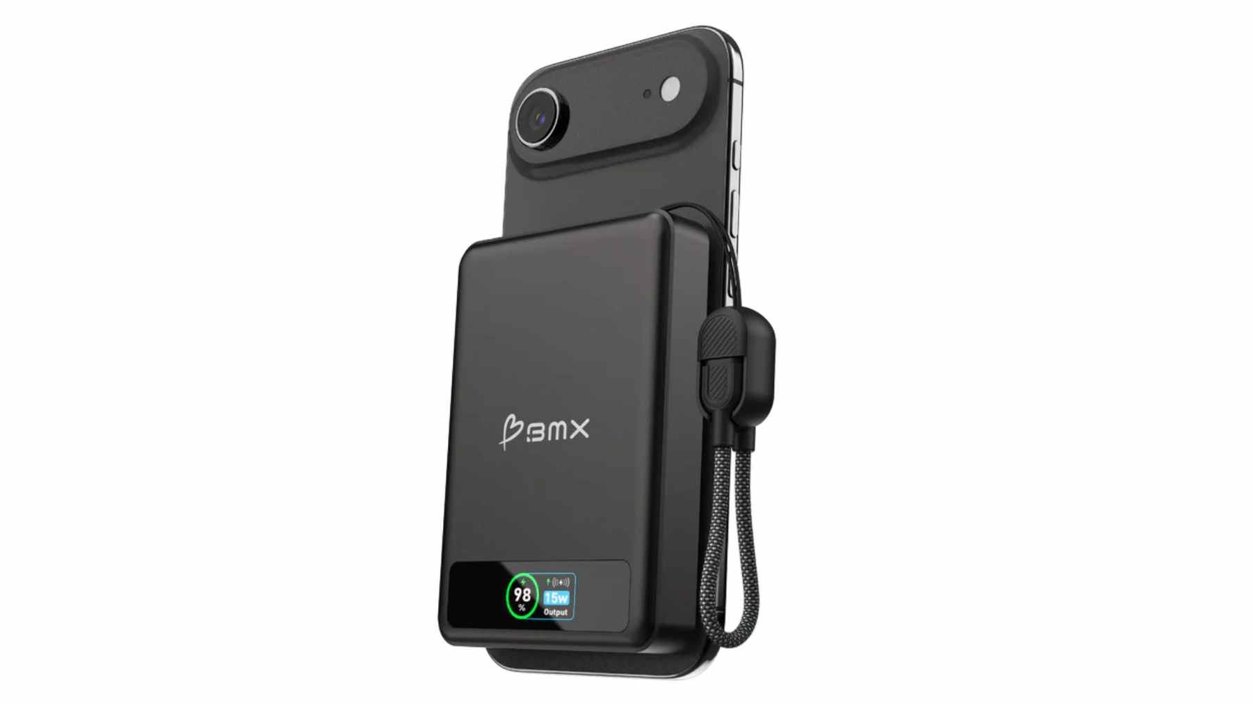 A slim, titanium-encased BMX SolidSafe magnetic power bank attached to the back of a smartphone, showcasing its ultra-thin design.