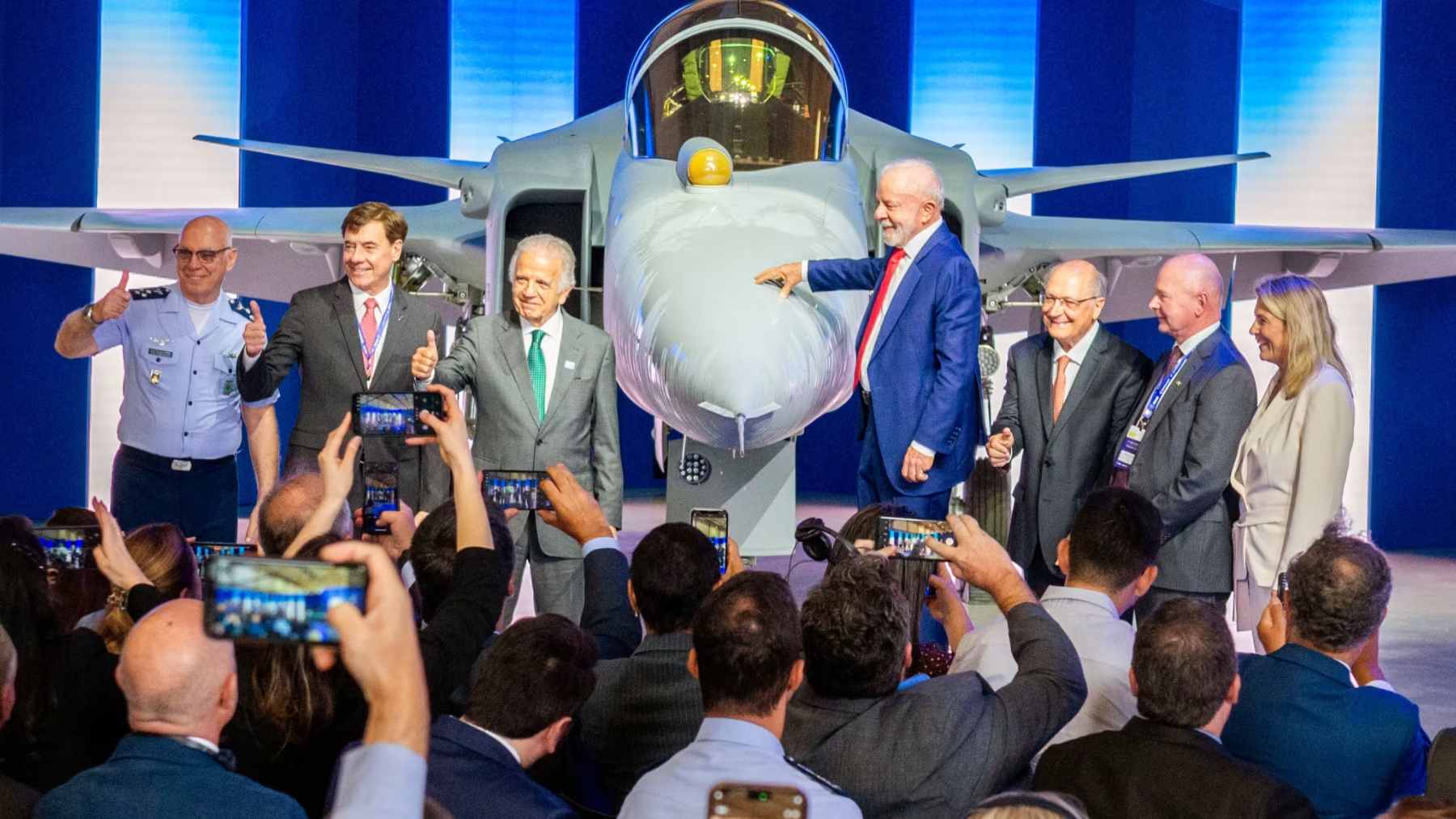 The first two-seat Saab Gripen F fighter jet developed for the Brazilian Air Force during its rollout in Linköping, Sweden.