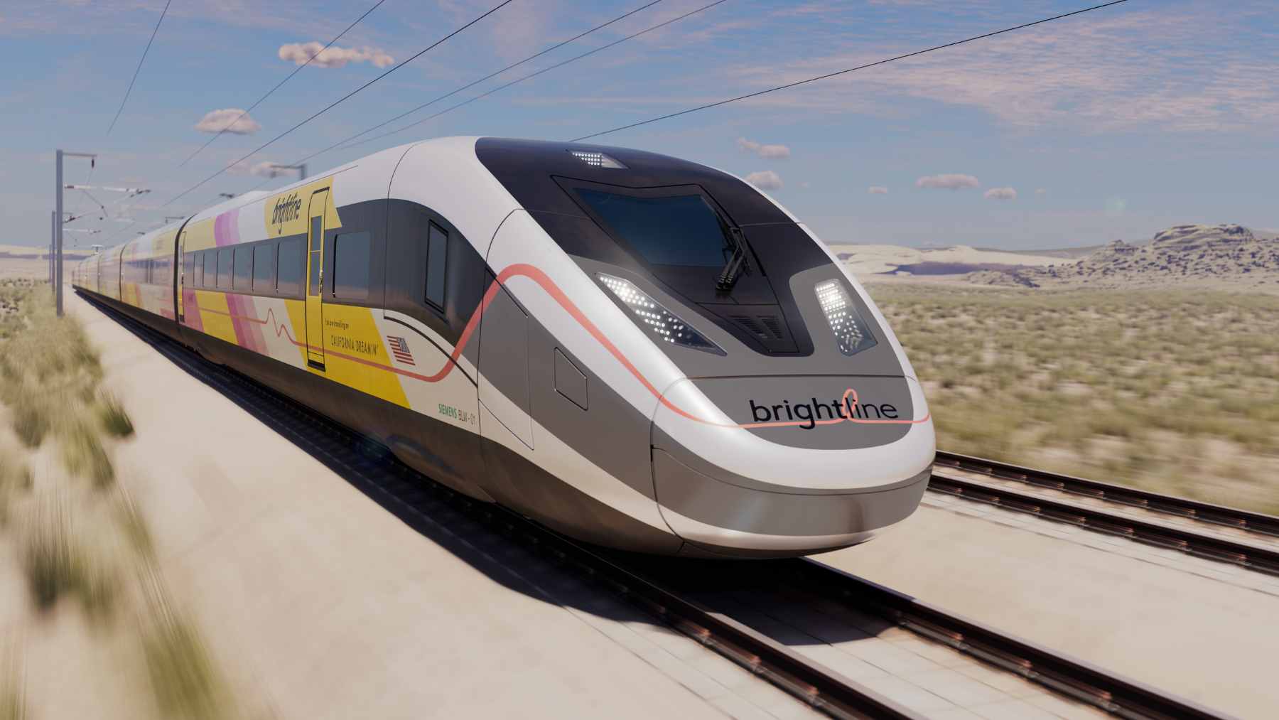 A digital rendering of a sleek, high-speed Brightline West train speeding through the Mojave Desert median along Interstate 15.