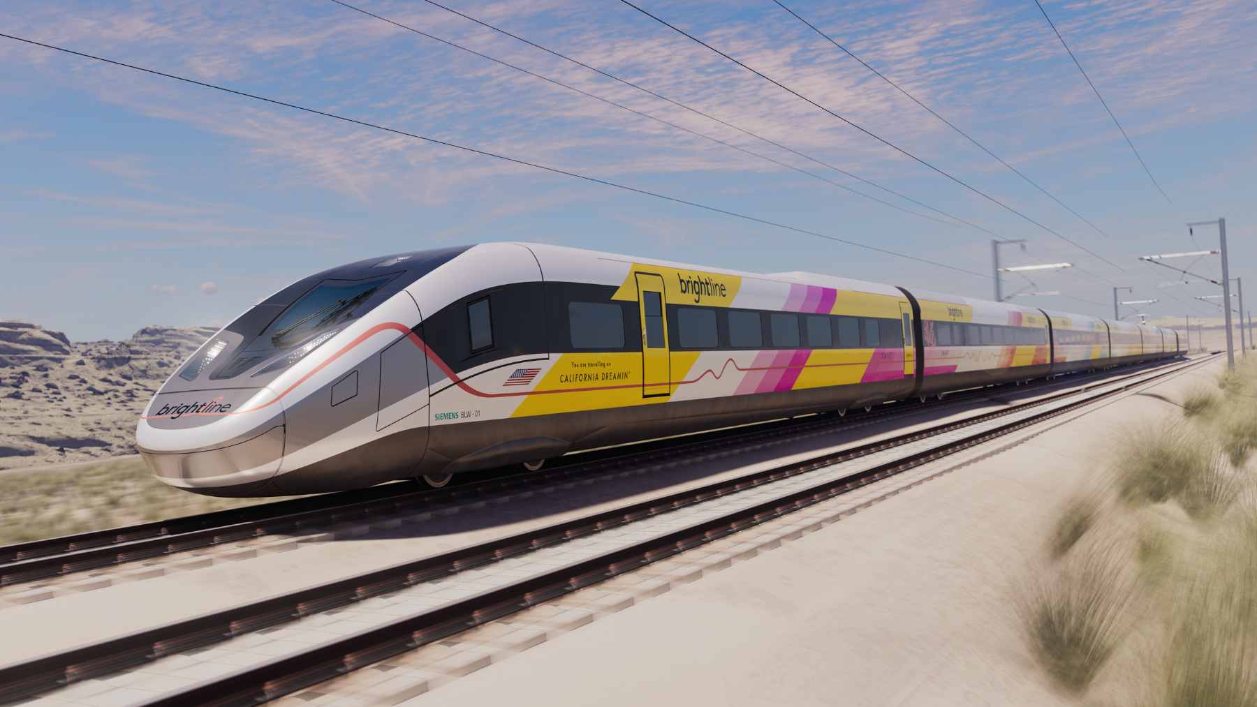 A digital rendering of a sleek, high-speed Brightline West train speeding through the Mojave Desert median along Interstate 15.