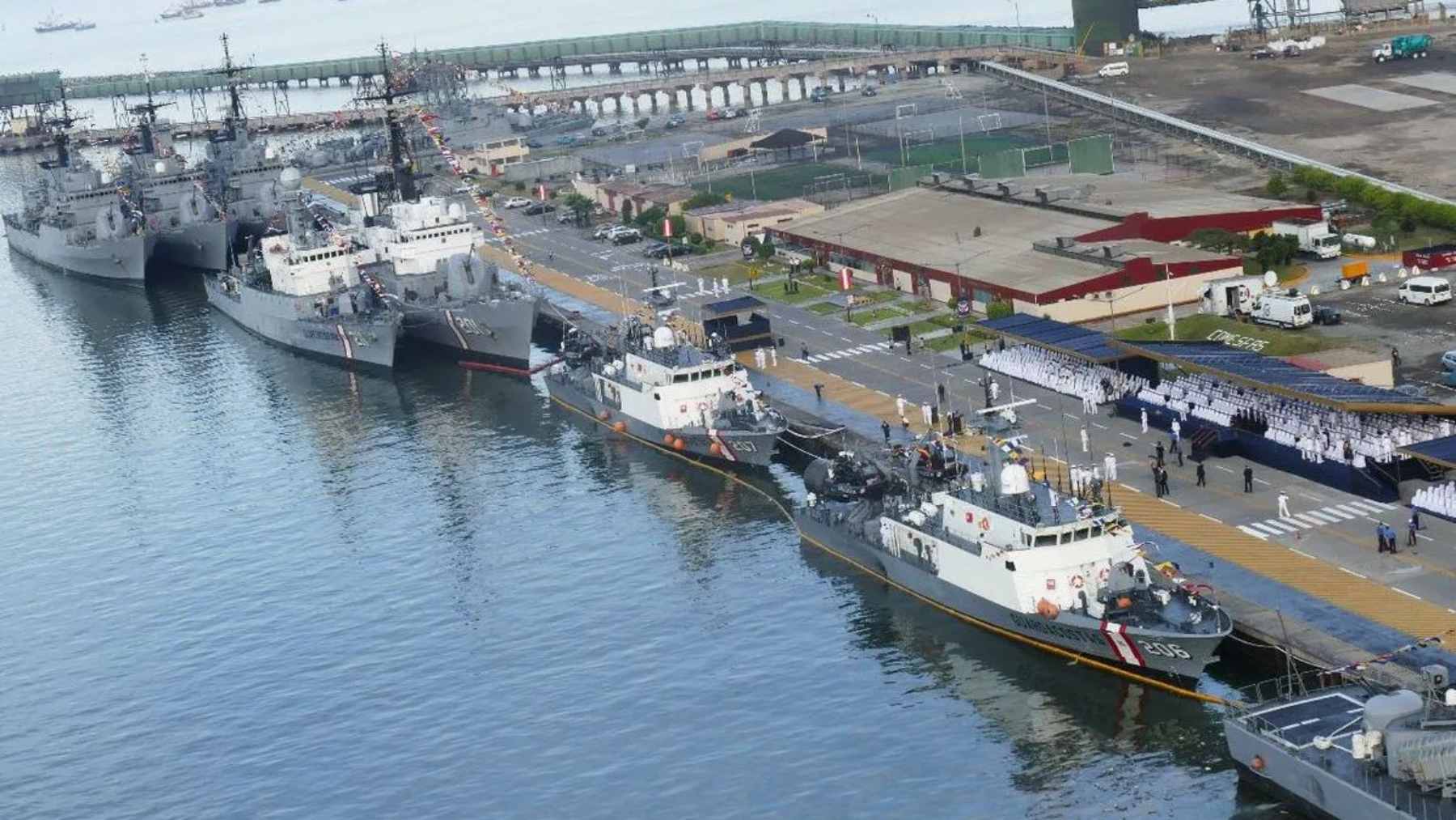 Aerial view of the Callao Naval Base and the adjacent commercial port complex in Peru.