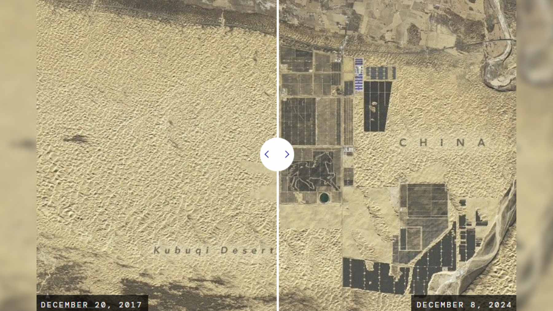 Aerial satellite view of the extensive solar panel grids stretching across the dunes of the Kubuqi Desert in Inner Mongolia.