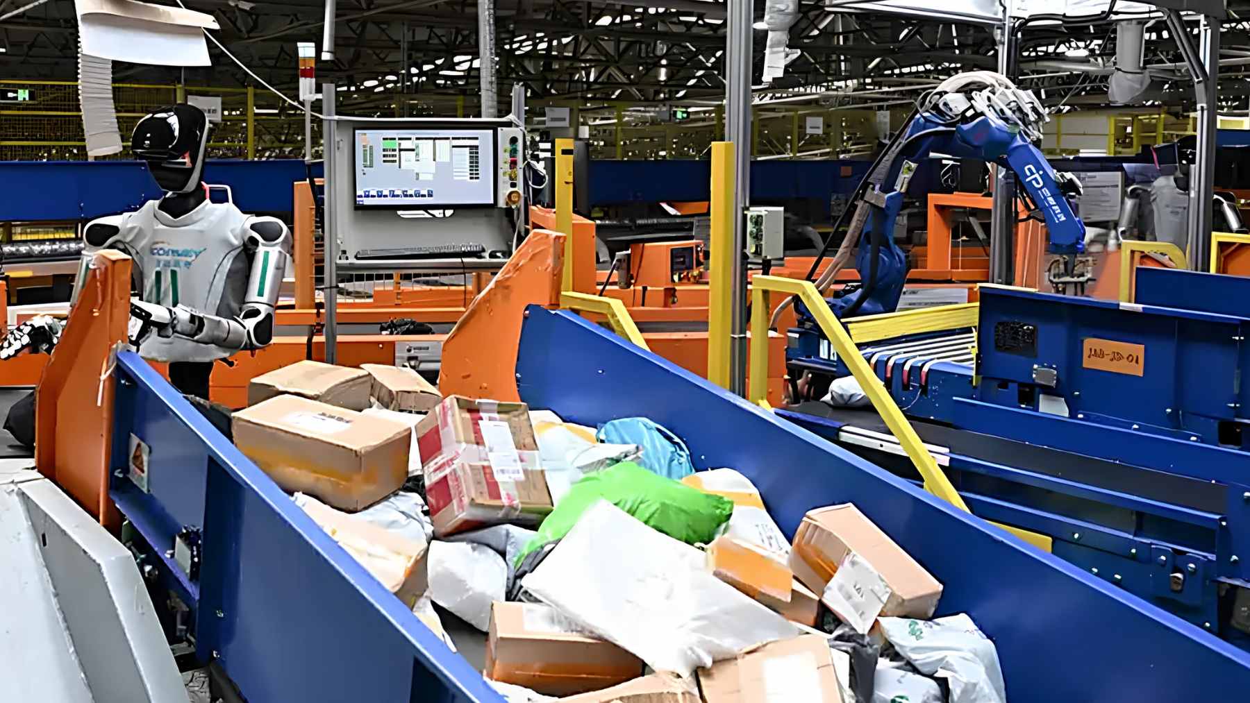 A RobotEra M7 humanoid robot performing parcel sorting tasks at a conveyor belt station in the Jianggao logistics center.