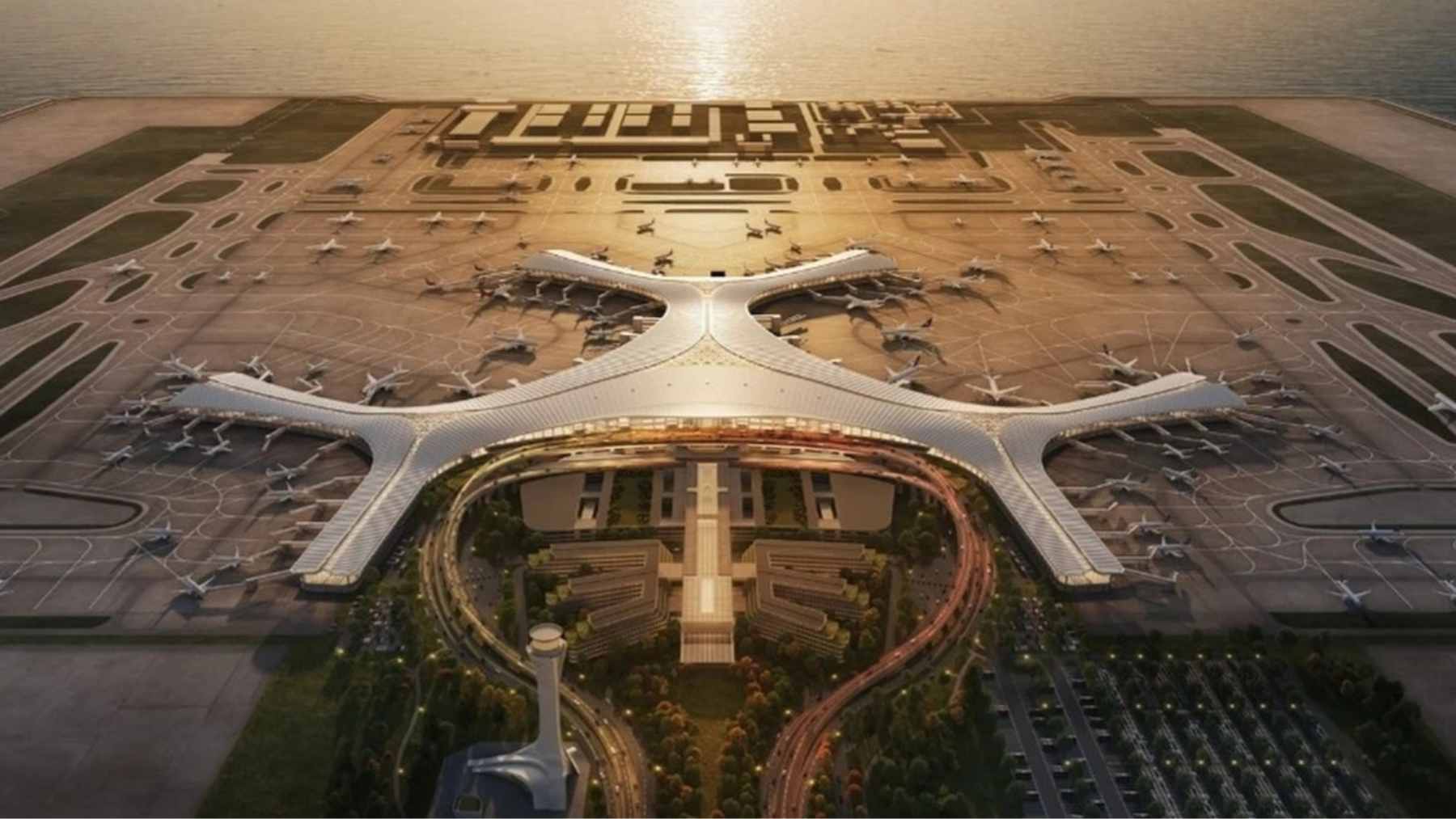 Aerial view showing the construction progress of the Dalian Jinzhouwan International Airport on reclaimed land in Jinzhou Bay.