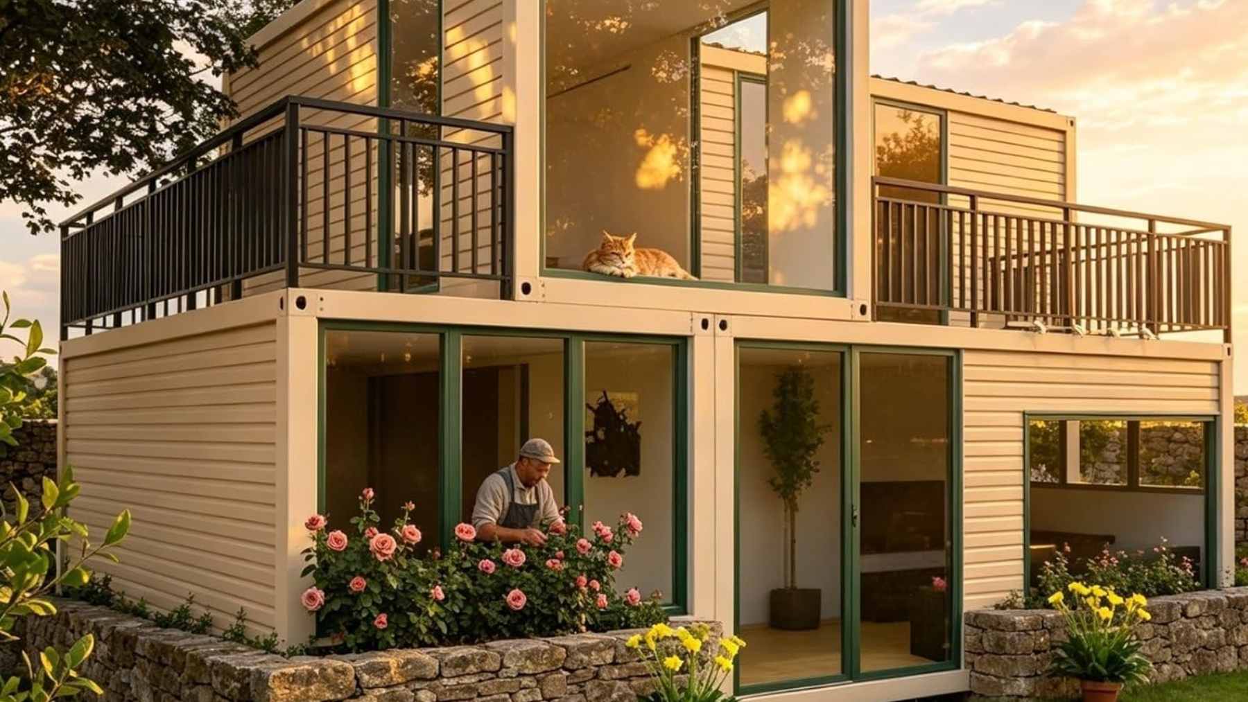A sleek, foldable two-story modular steel container house being assembled on a residential plot.
