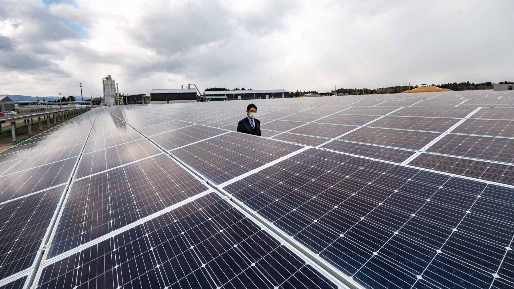 A wide view of the Mount Sendatsu solar plant, showing the layout of panels that are causing unexpected light reflection in nearby neighborhoods.