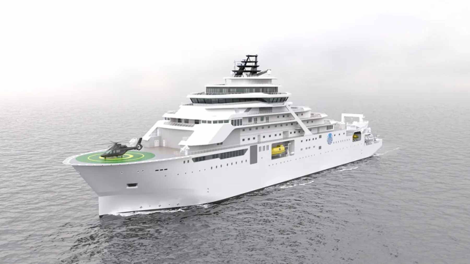 A 3D render of the RV11000 deep-sea research vessel, highlighting its massive hull, submarine hangars, and specialized crane systems.