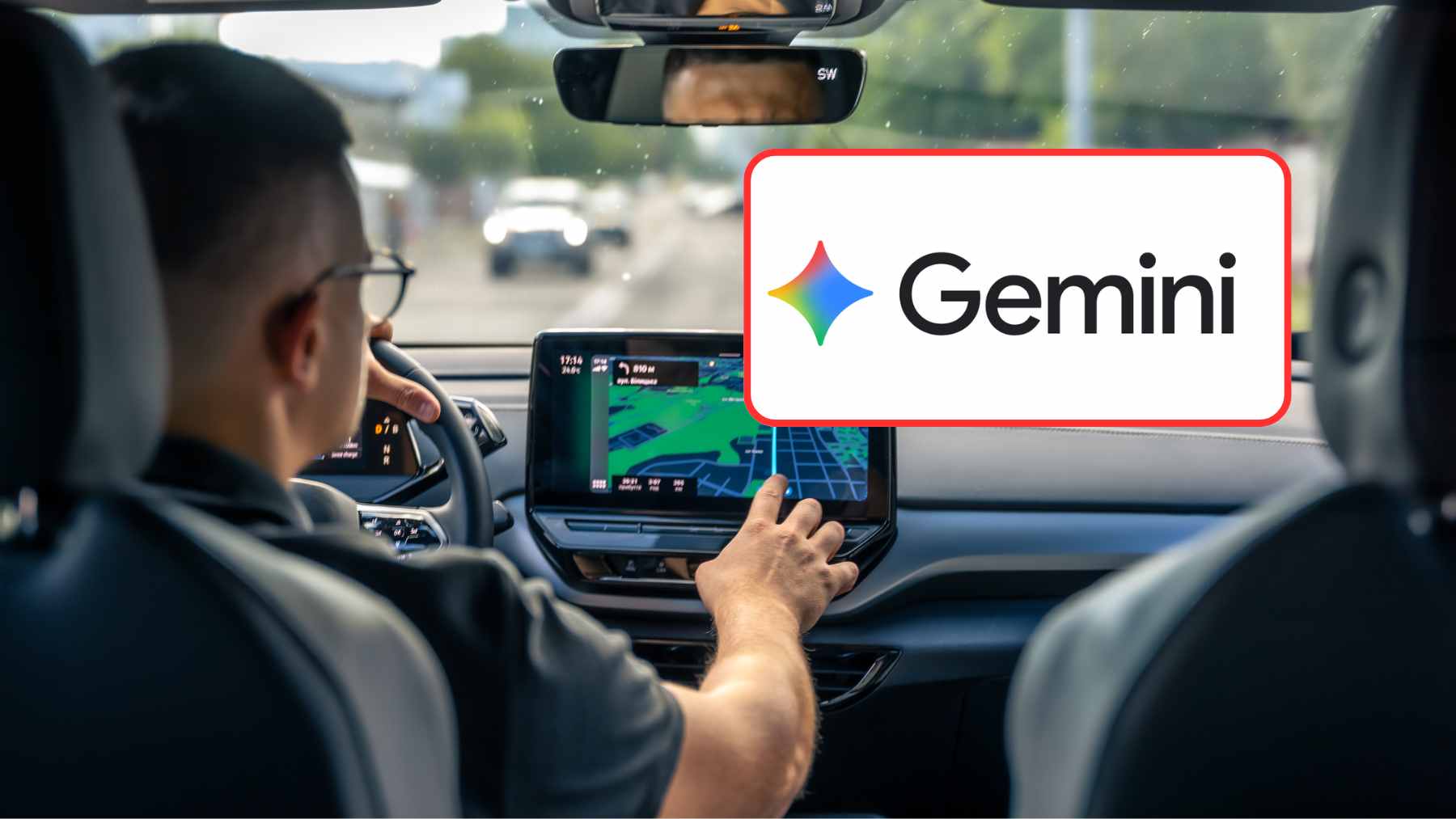 A driver using natural language commands with Gemini in Android Auto to find a coffee shop and manage a to-do list while keeping hands on the wheel.