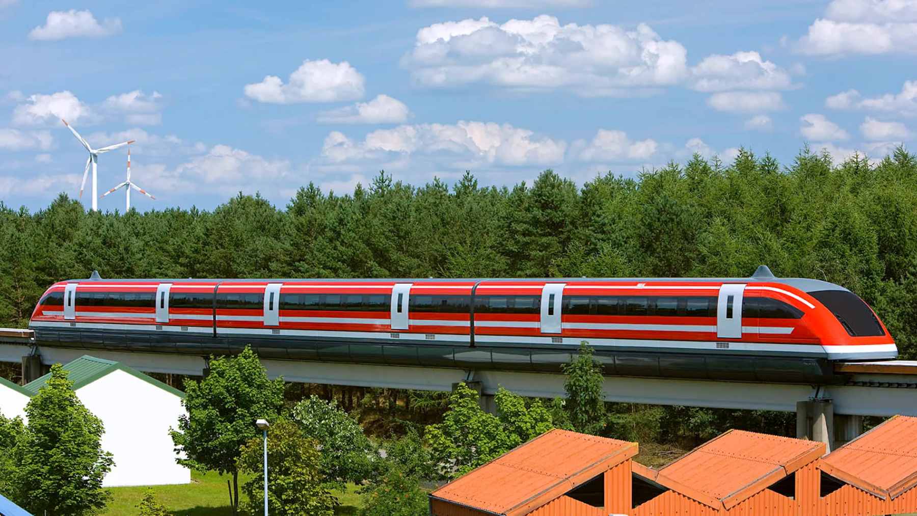 A sleek Transrapid maglev train cruising on the elevated guideway in Shanghai, utilizing German-engineered technology.