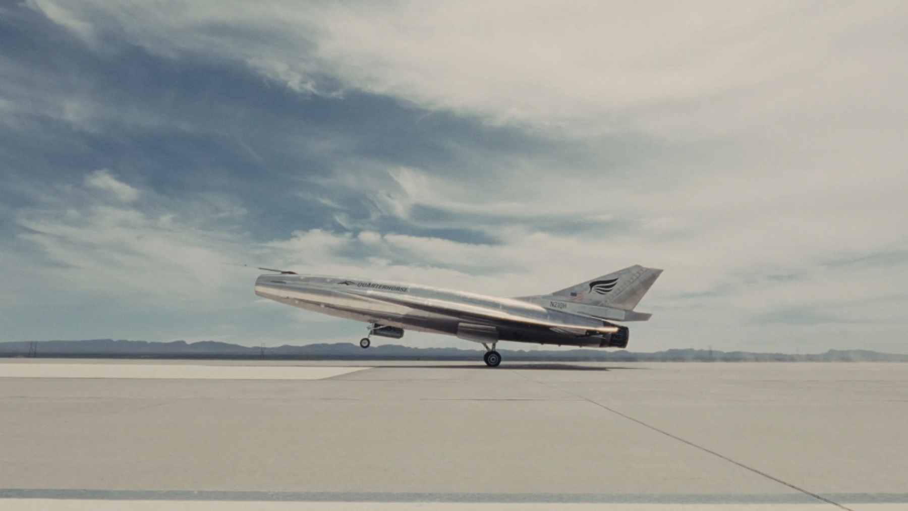 The uncrewed Quarterhorse Mk 2.1 jet prototype performing a high-speed test flight over New Mexico.