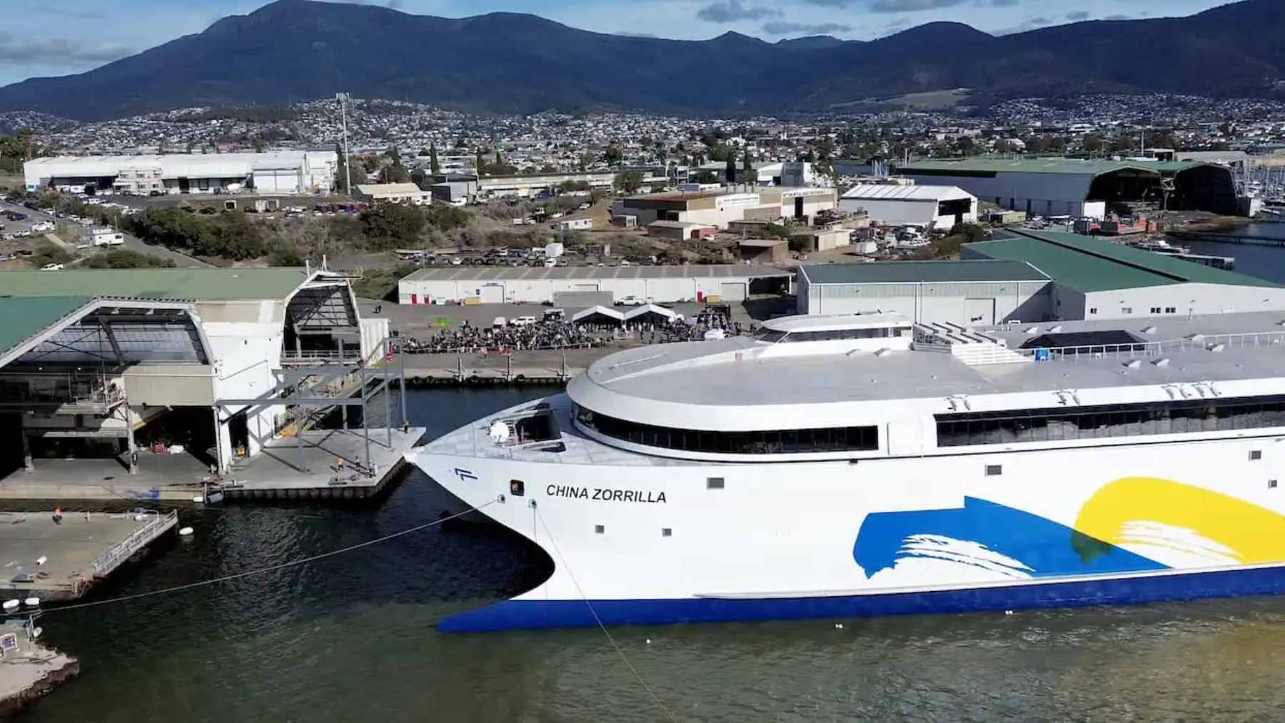 The massive heavy-lift vessel MV Black Marlin arriving to transport the China Zorrilla electric ferry from Hobart, Tasmania.