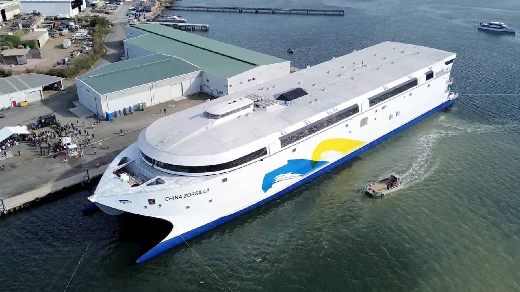 The massive heavy-lift vessel MV Black Marlin arriving to transport the China Zorrilla electric ferry from Hobart, Tasmania.