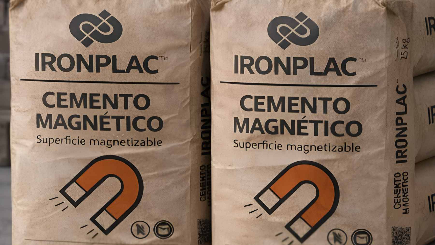 A close-up showing a metallic tool rack attached to a wall finished with Ironplac magnetic cement, demonstrating its holding power without nails.