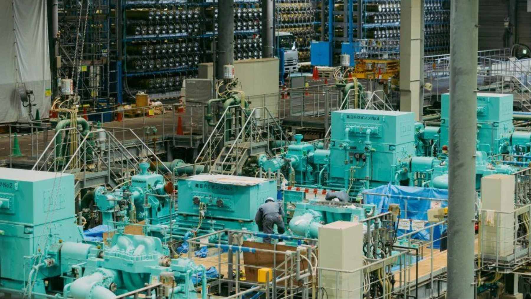 The Uminonakamichi Nata Seawater Desalination Center (Mamizupia) in Fukuoka, Japan, featuring the osmotic power generation facility.